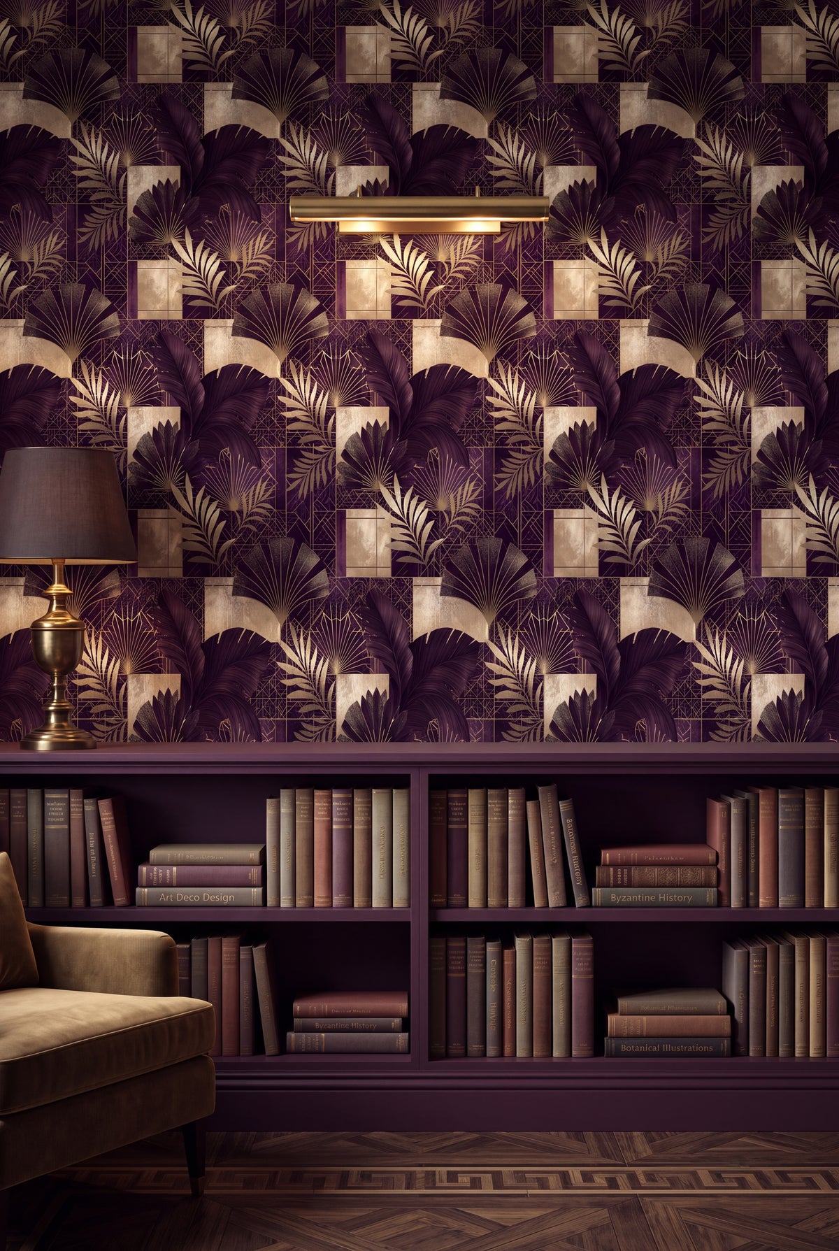 Plum Gala wallpaper shown in a library
