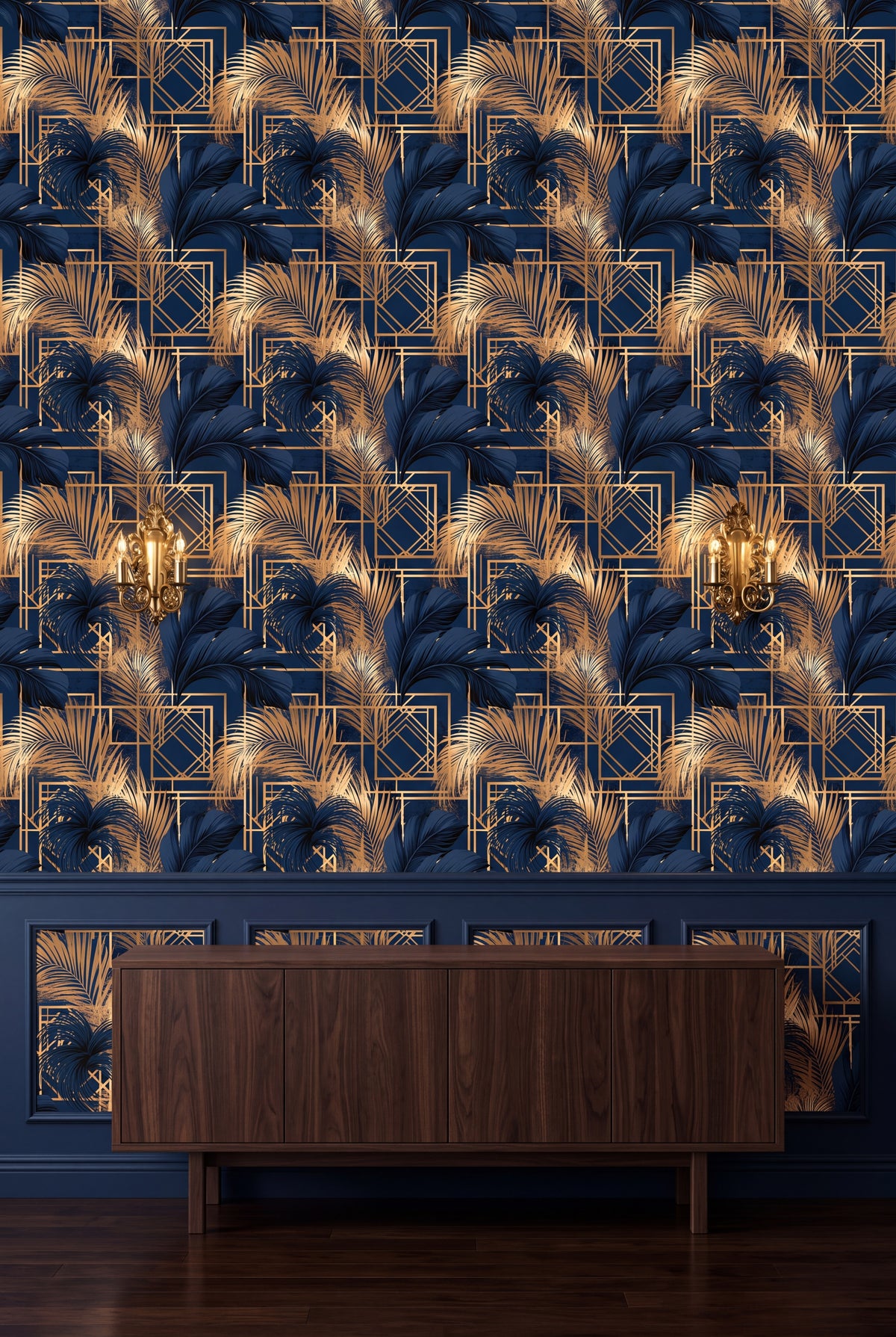 Palm Parquet wallpaper shown in a dining room