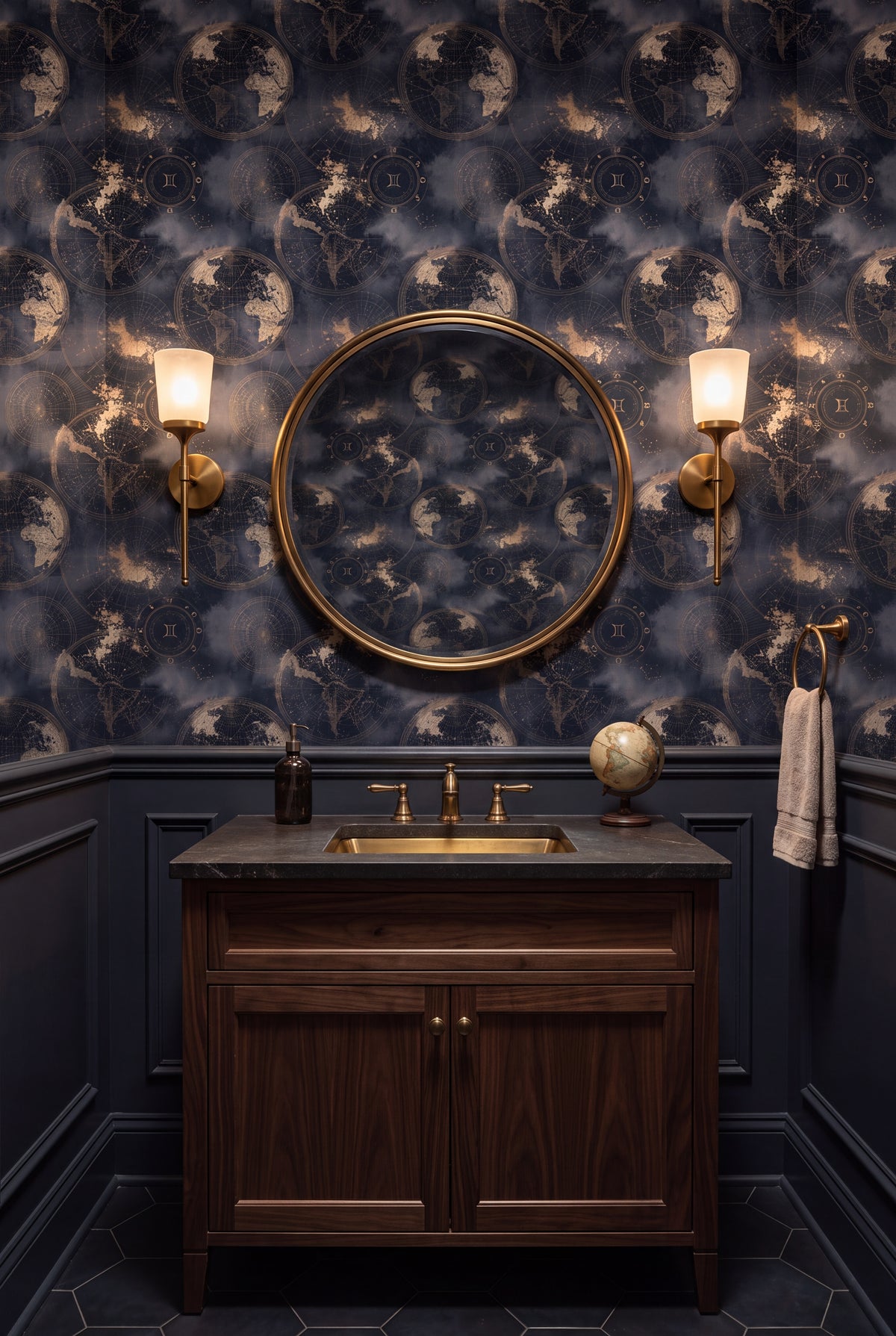 Star Atlas wallpaper shown in a powder room
