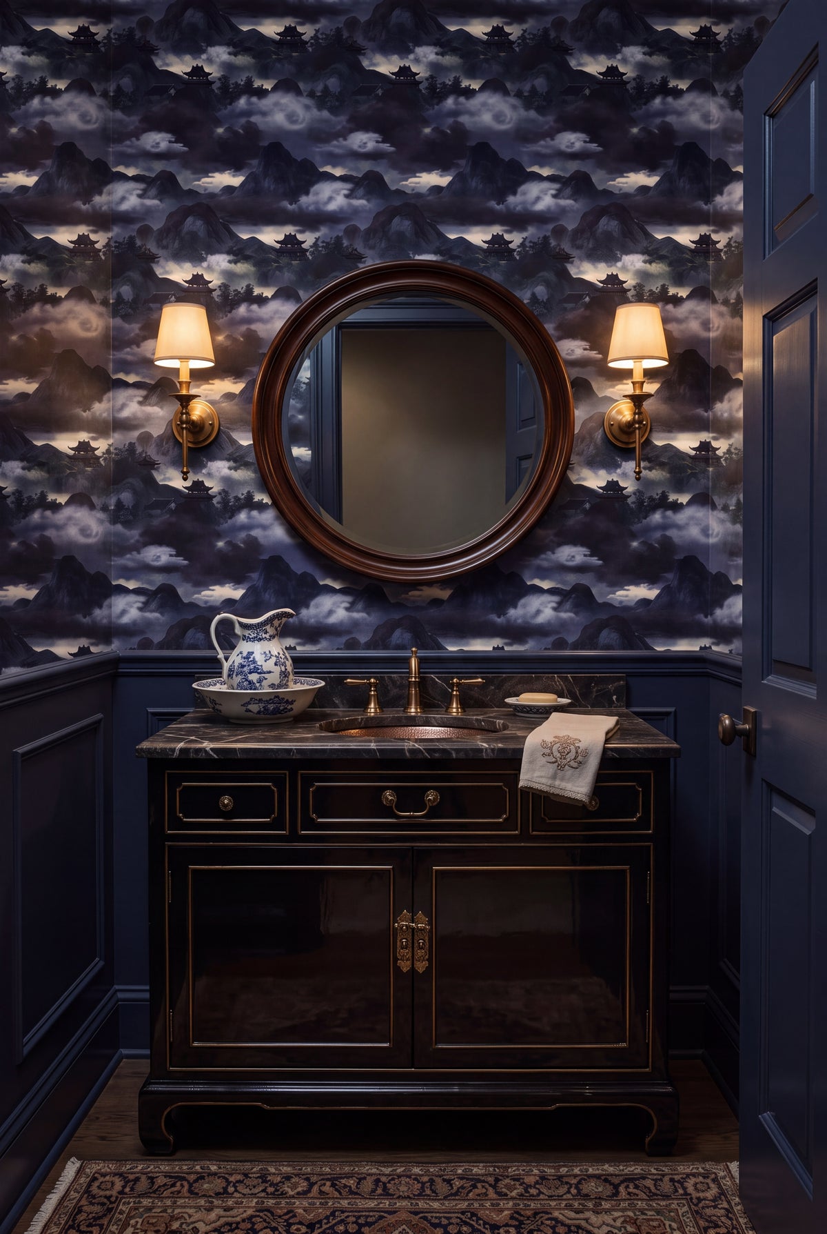 Indigo Pagoda wallpaper shown in a powder room