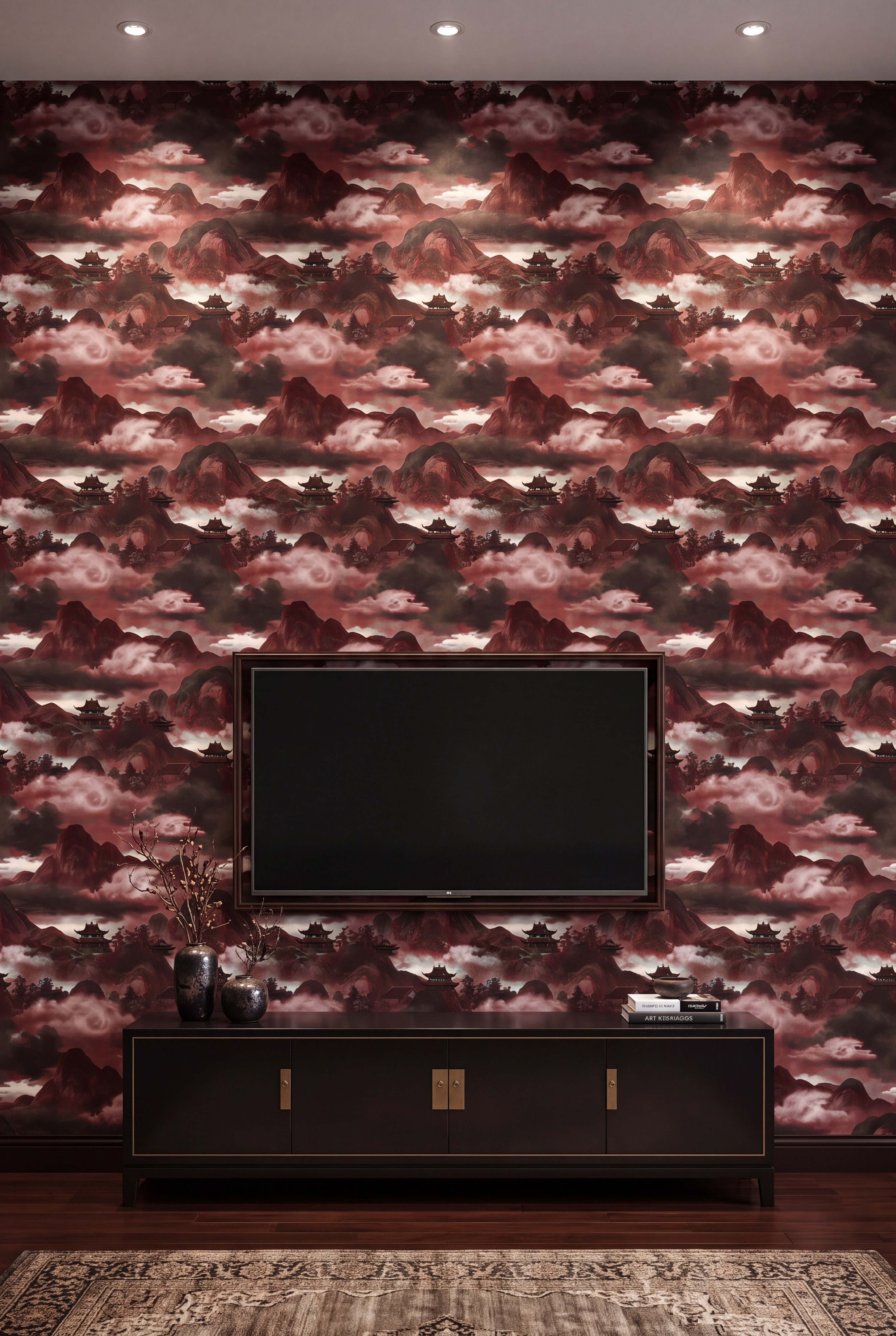 Oxblood Pagoda wallpaper shown in a media room