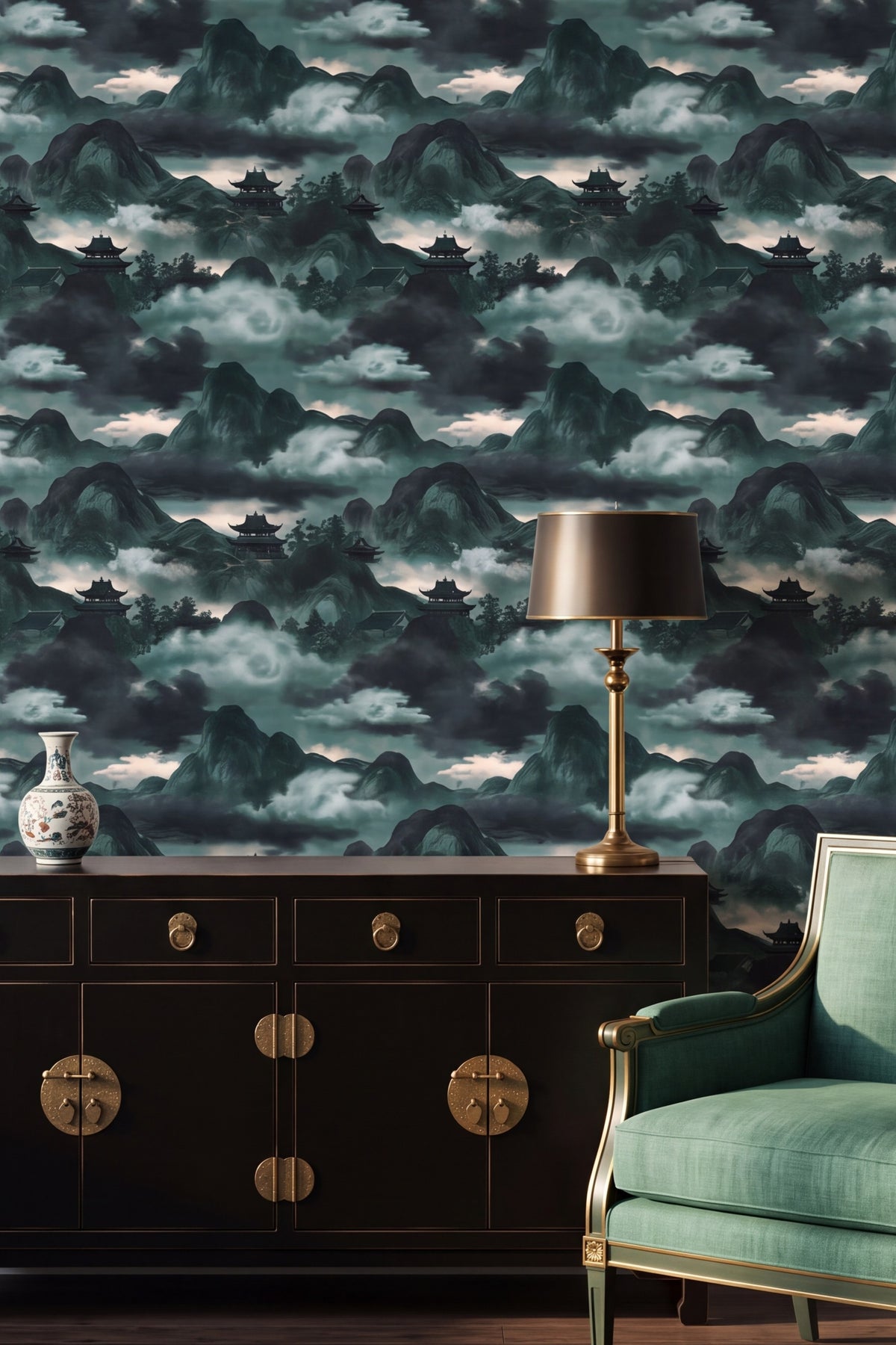 Jade Pagoda wallpaper shown in a living room