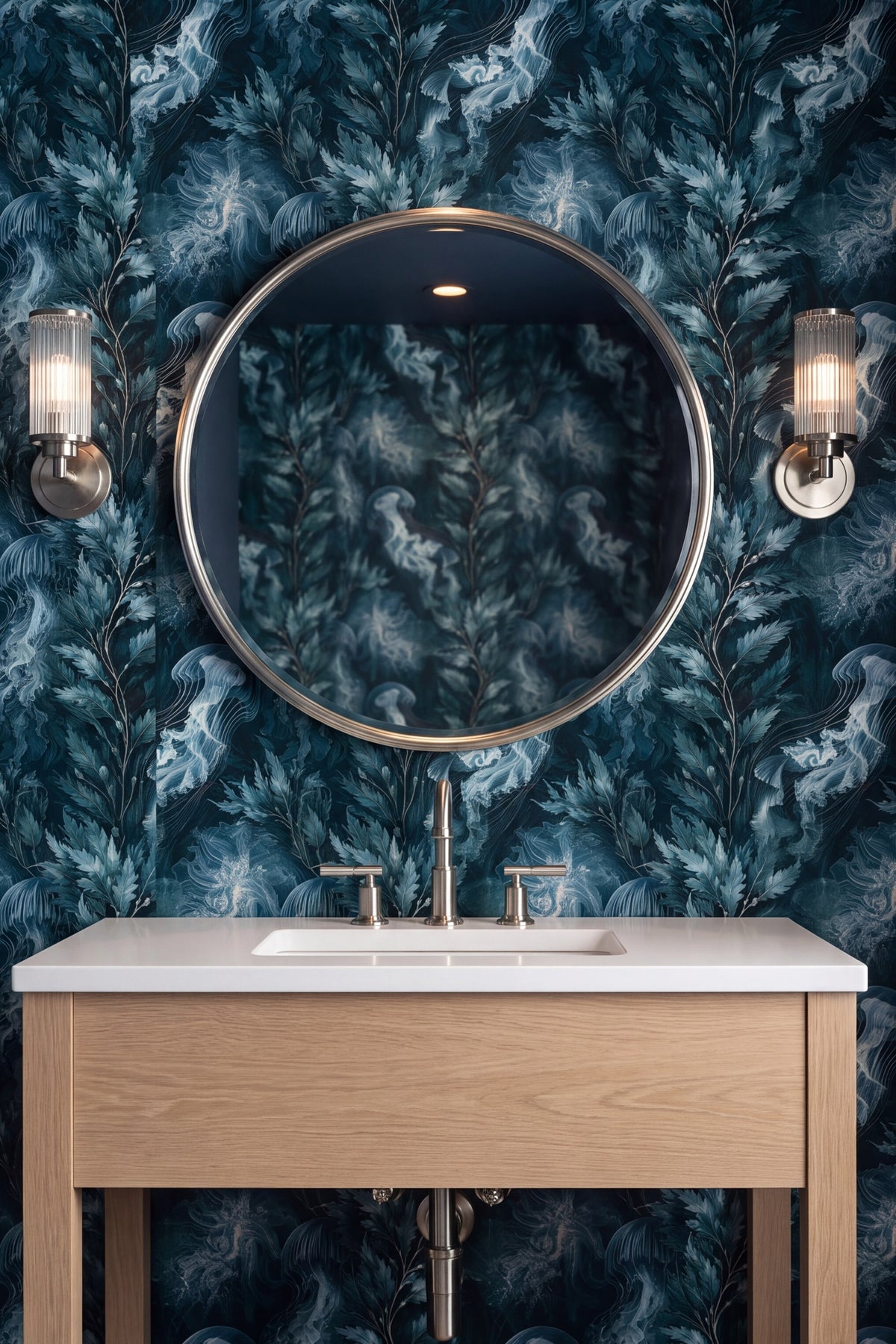 Kelp Cathedral wallpaper shown in a powder room