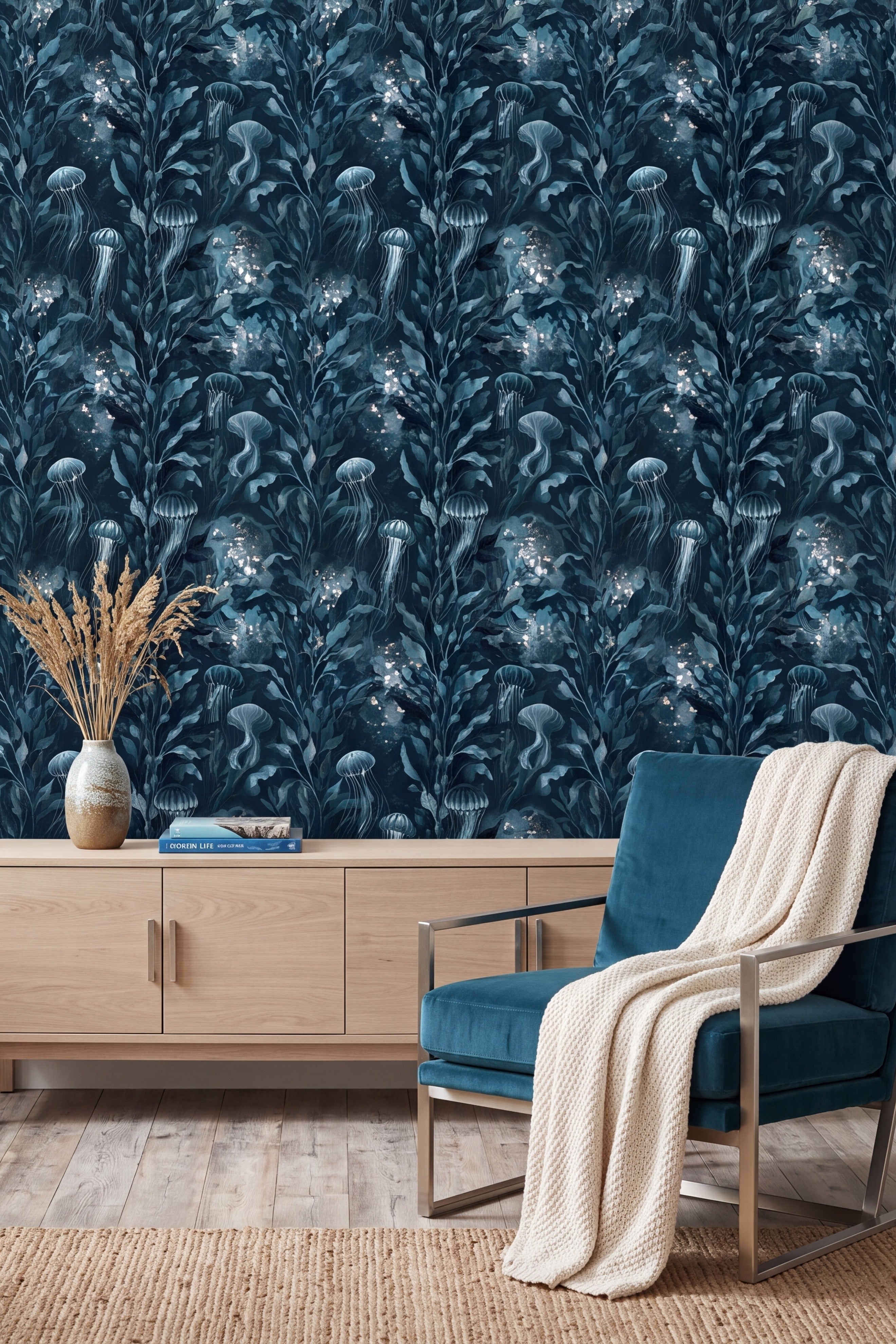 Moon Jelly wallpaper shown in a living room