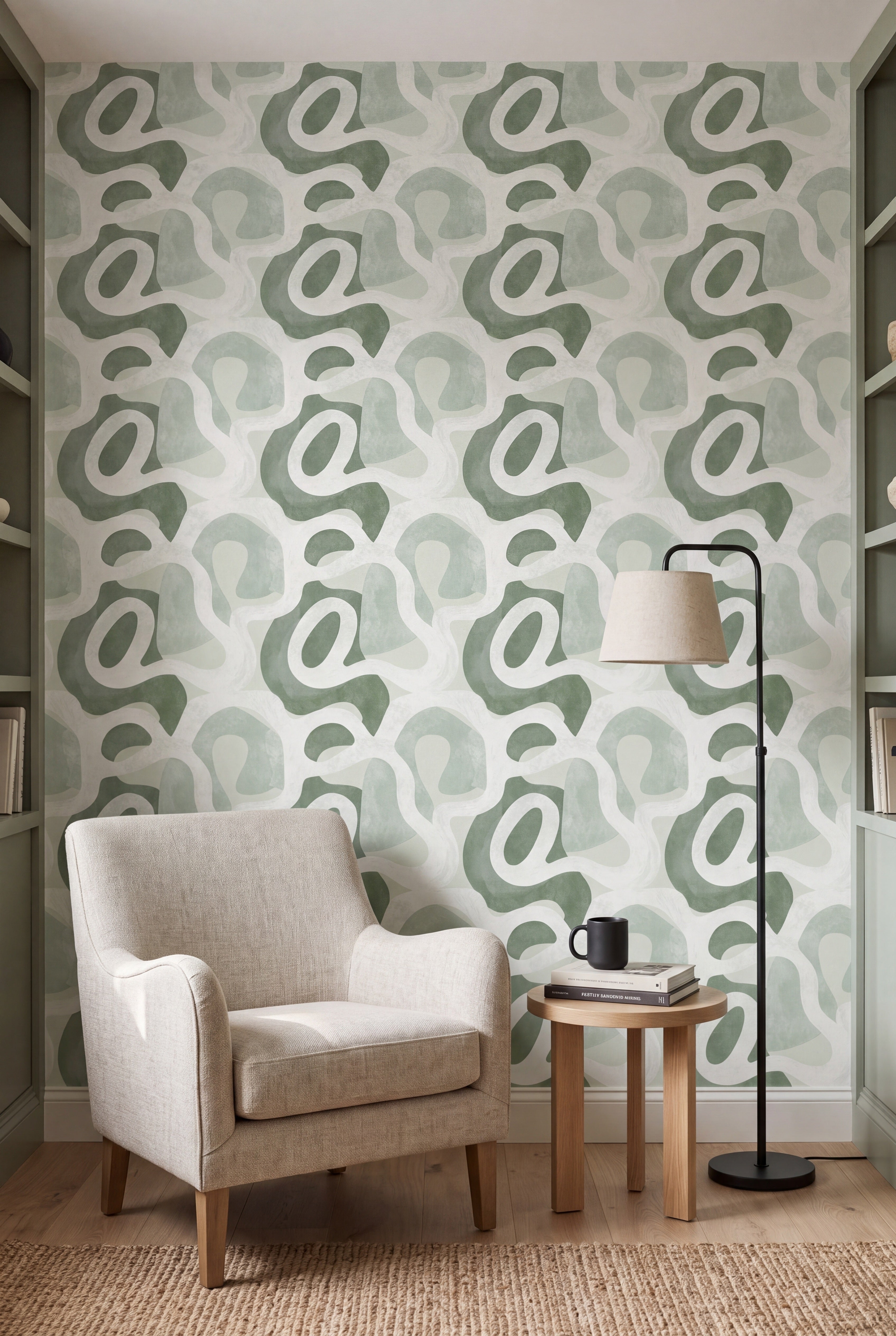 Sage Terrain wallpaper shown in a reading nook