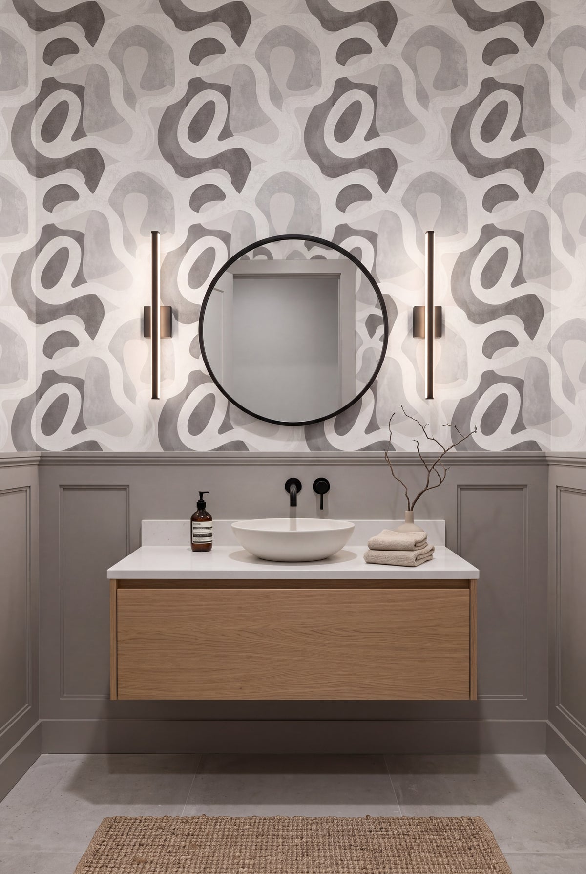 Stone Terrain wallpaper shown in a powder room