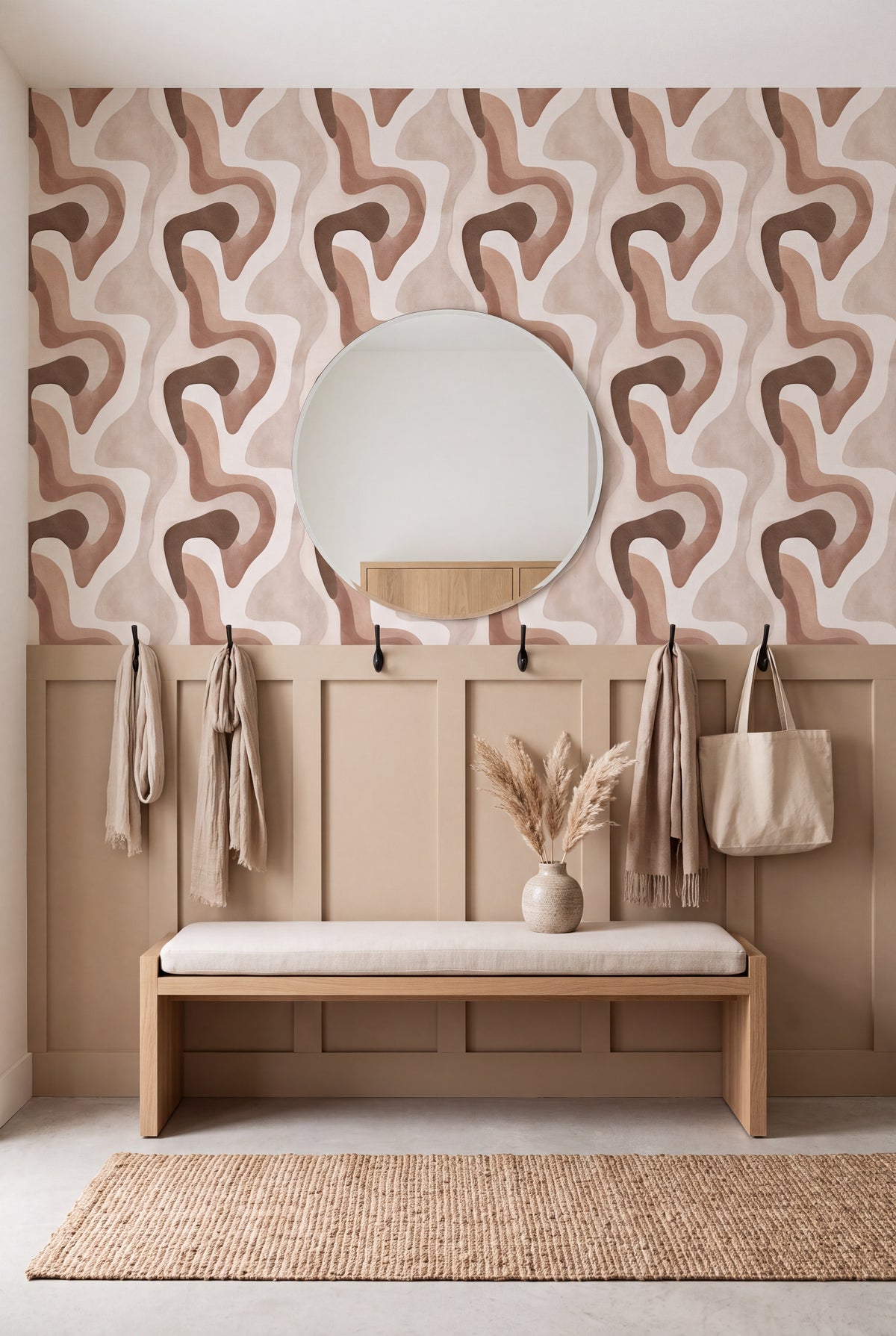 Dune Drift wallpaper shown in a mudroom