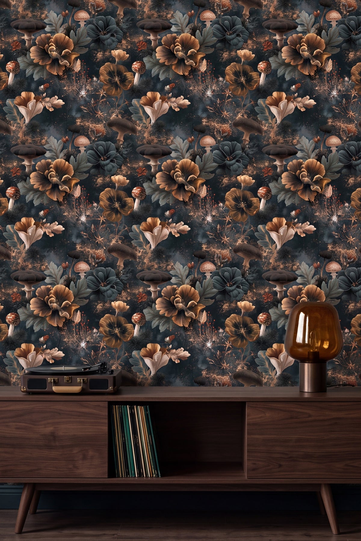 Golden Forage wallpaper shown in a media room