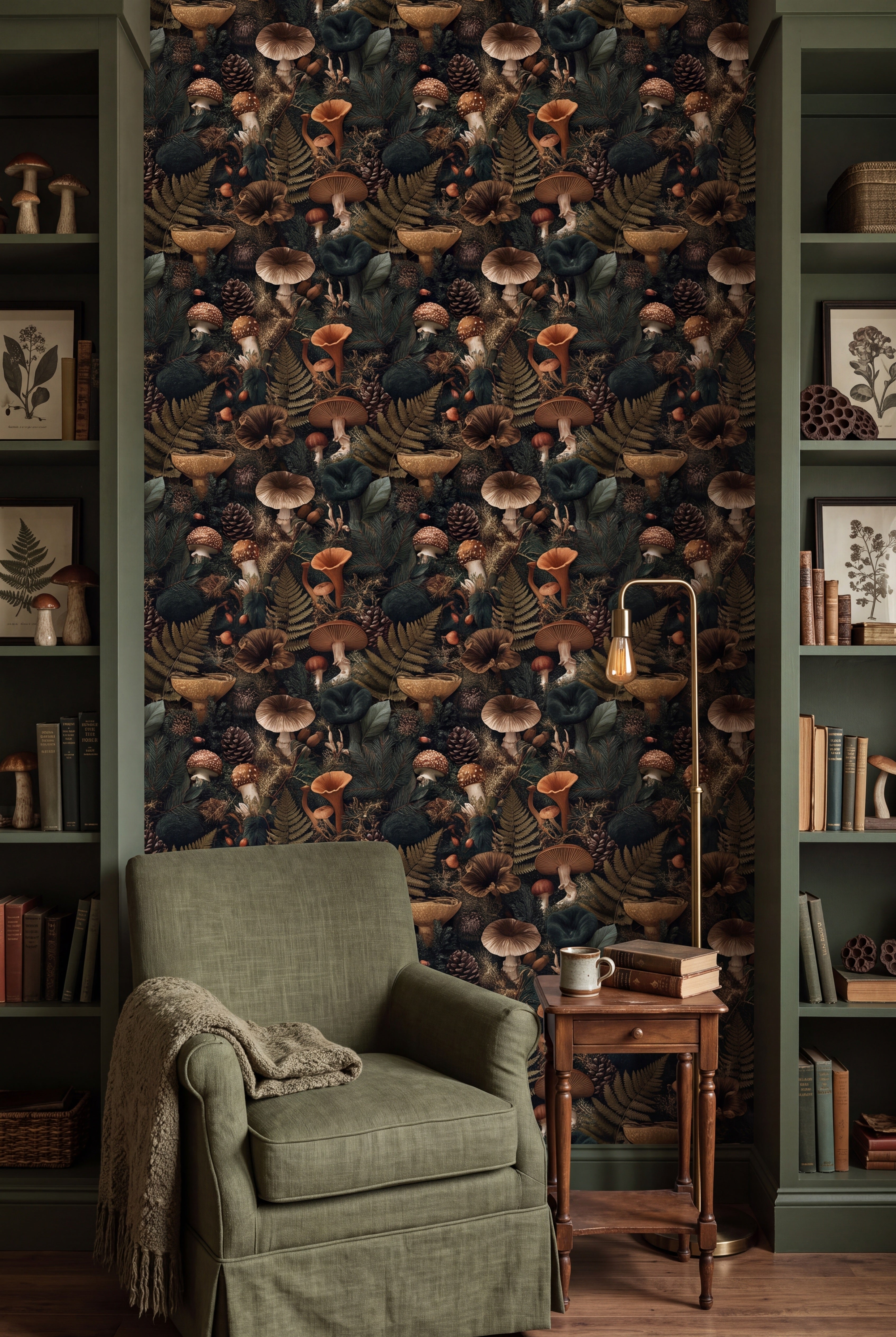 Chanterelle Woods wallpaper shown in a reading nook