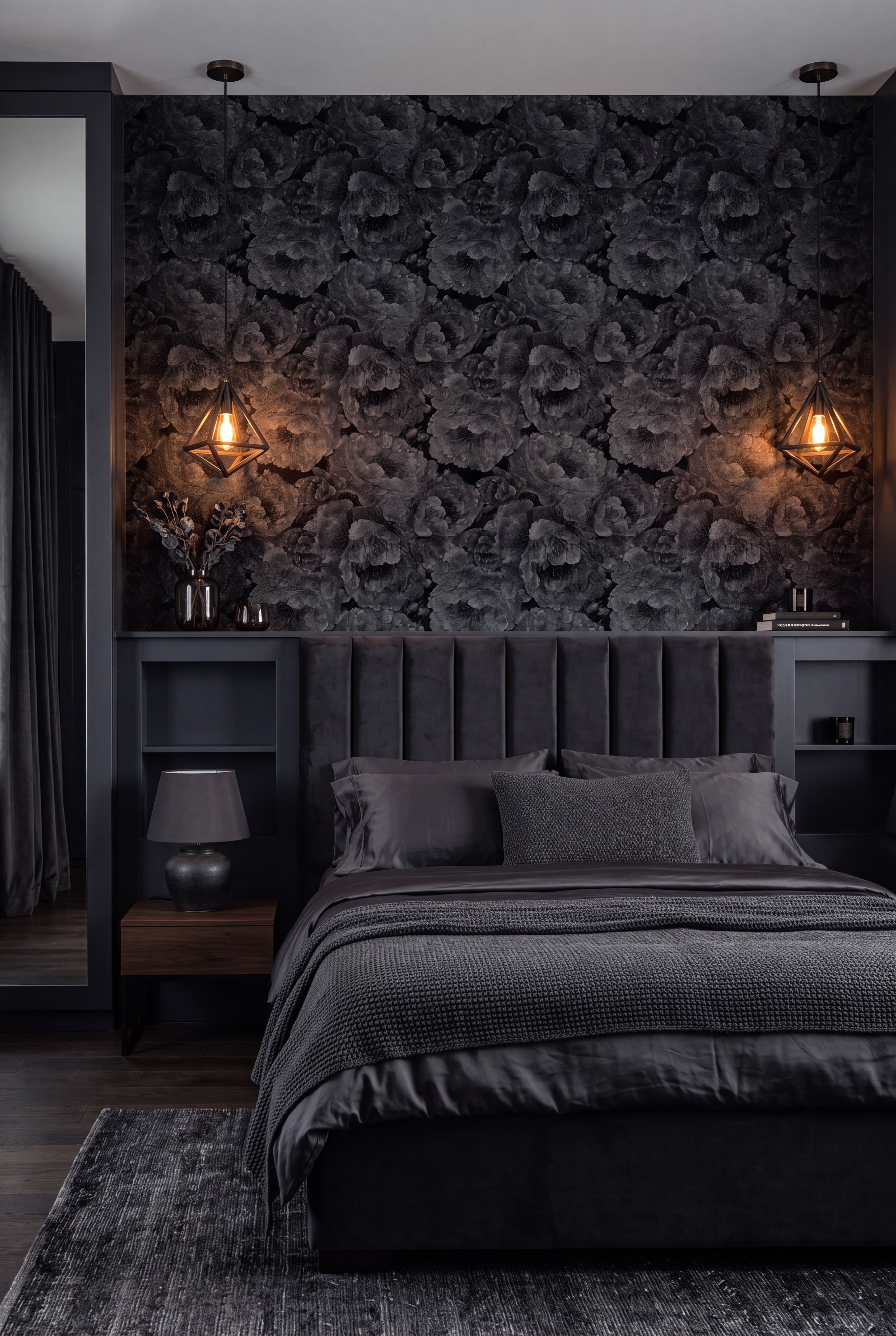 Peony Noir wallpaper shown in a bedroom