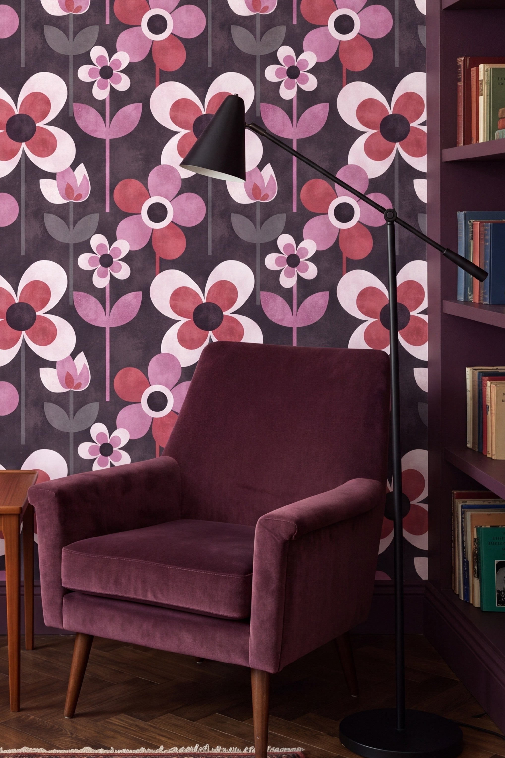 Orchid Mod wallpaper shown in a reading nook