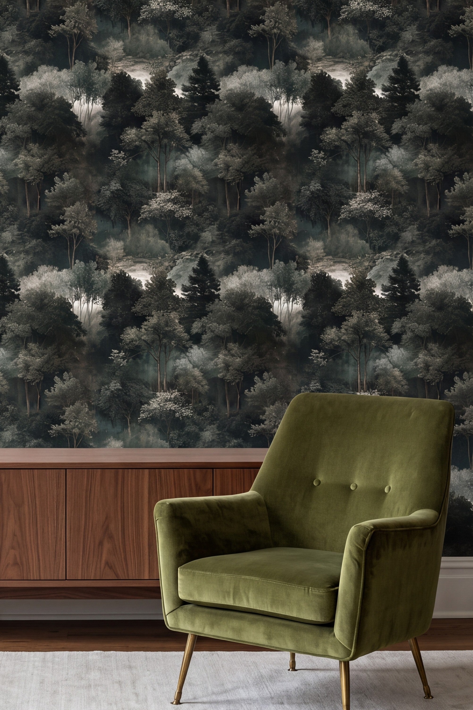 Verdant Veil wallpaper shown in a living room