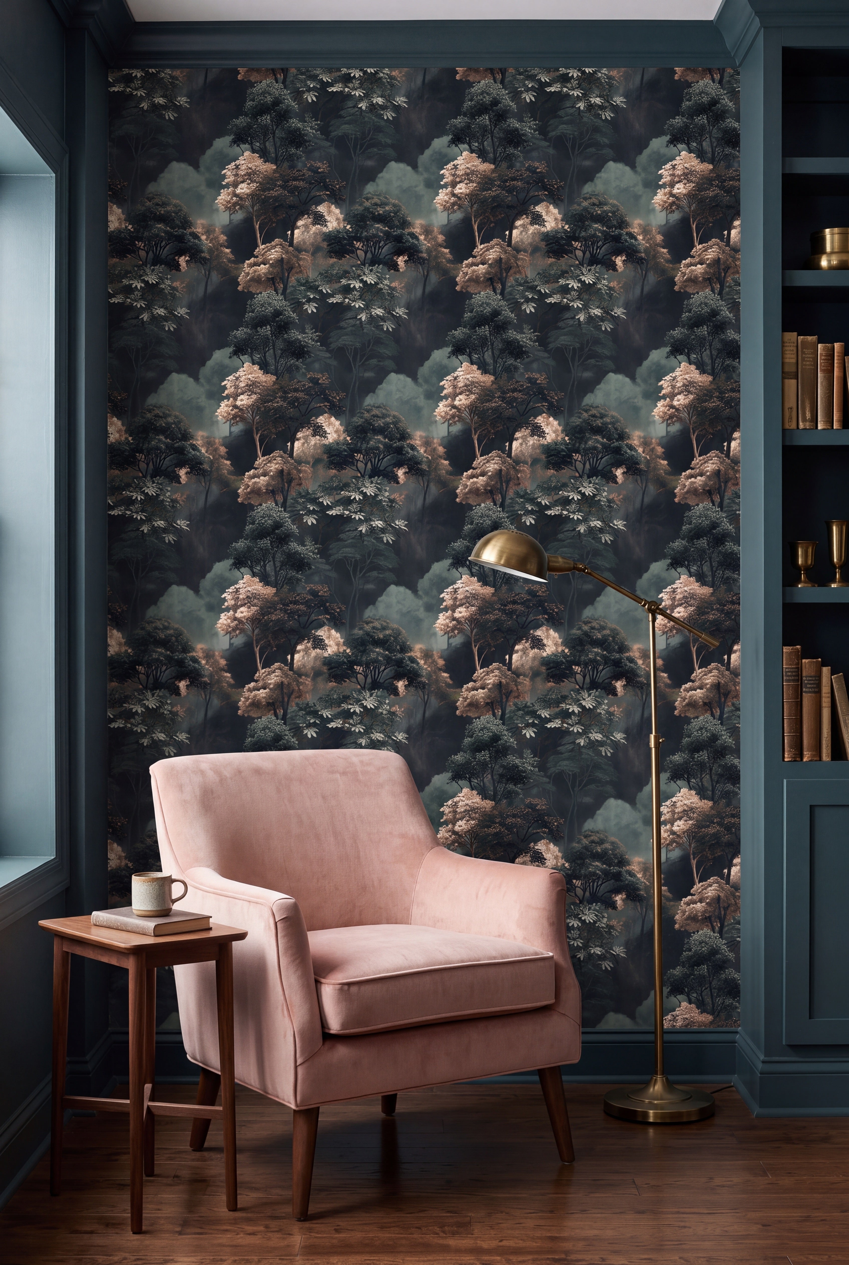 Twilight Canopy wallpaper shown in a reading nook