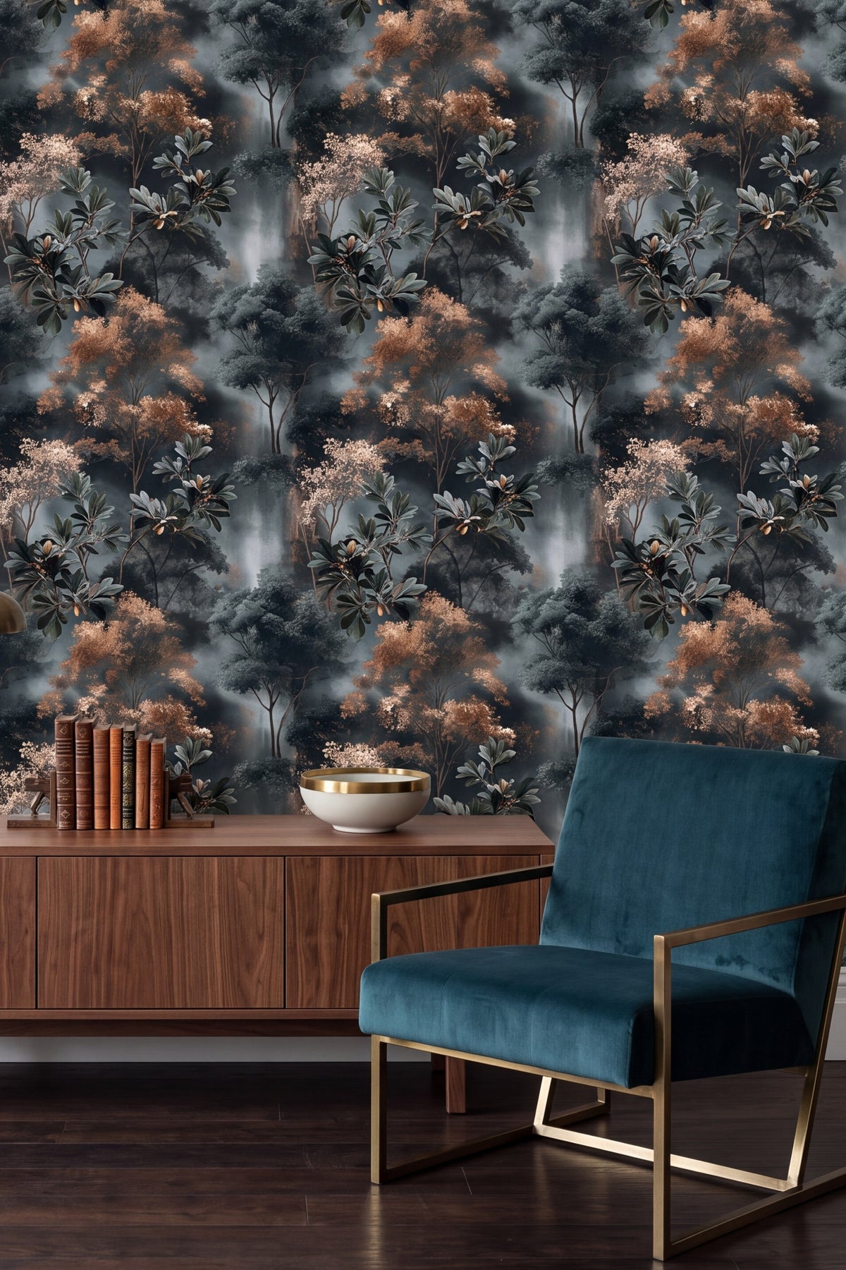 Copper Magnolia wallpaper shown in a living room