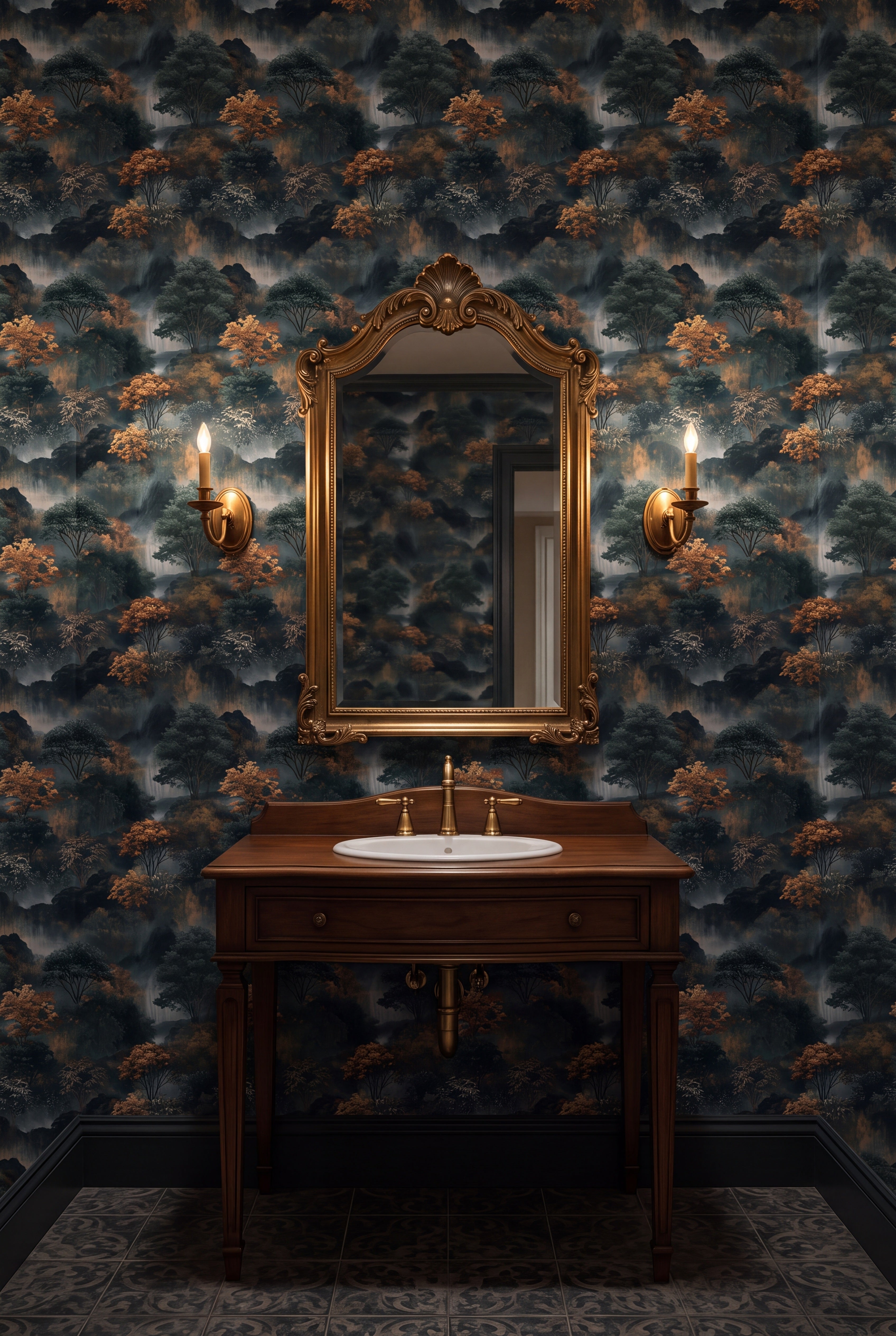 Amber Falls wallpaper shown in a powder room