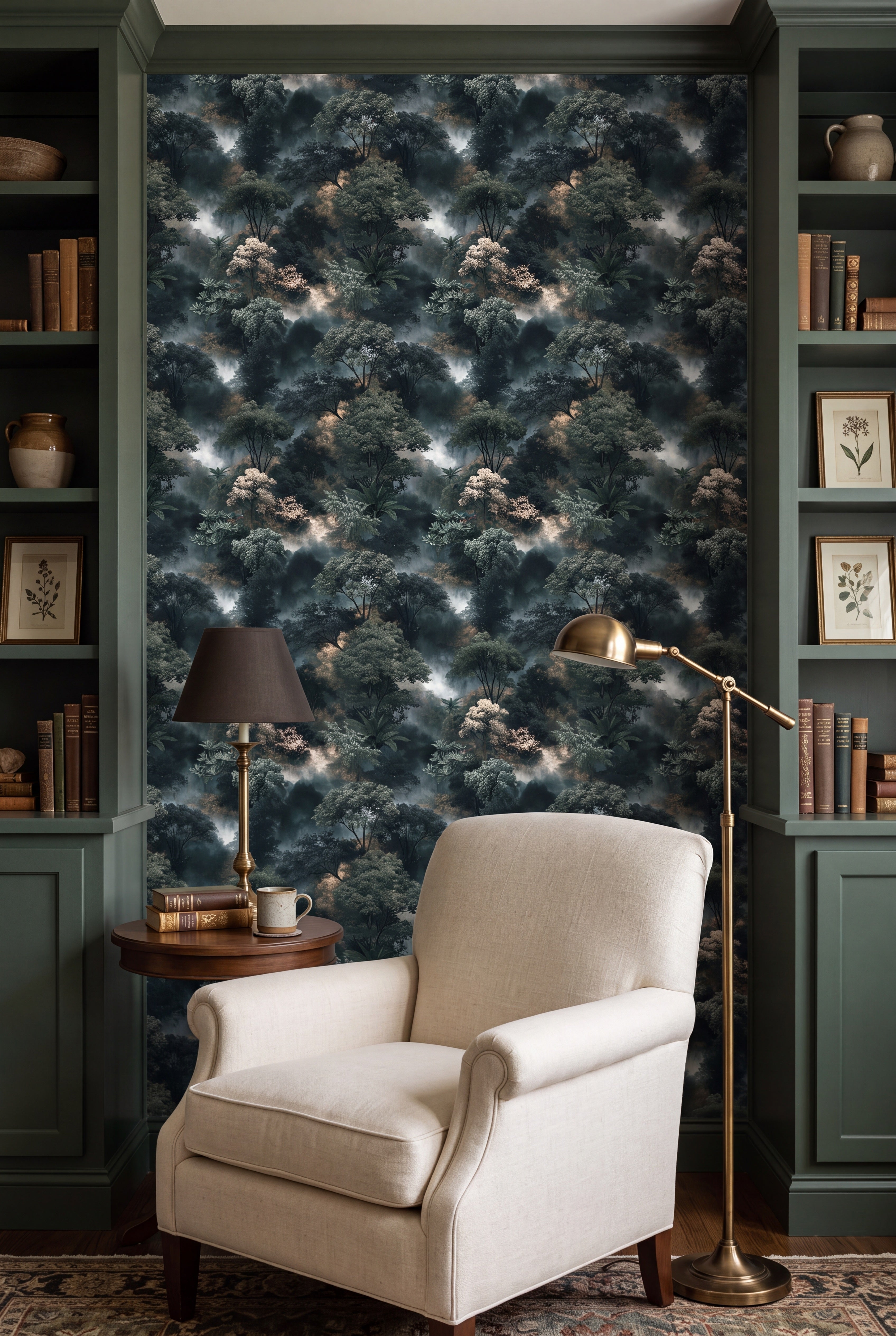 Cloud Forest wallpaper shown in a reading nook