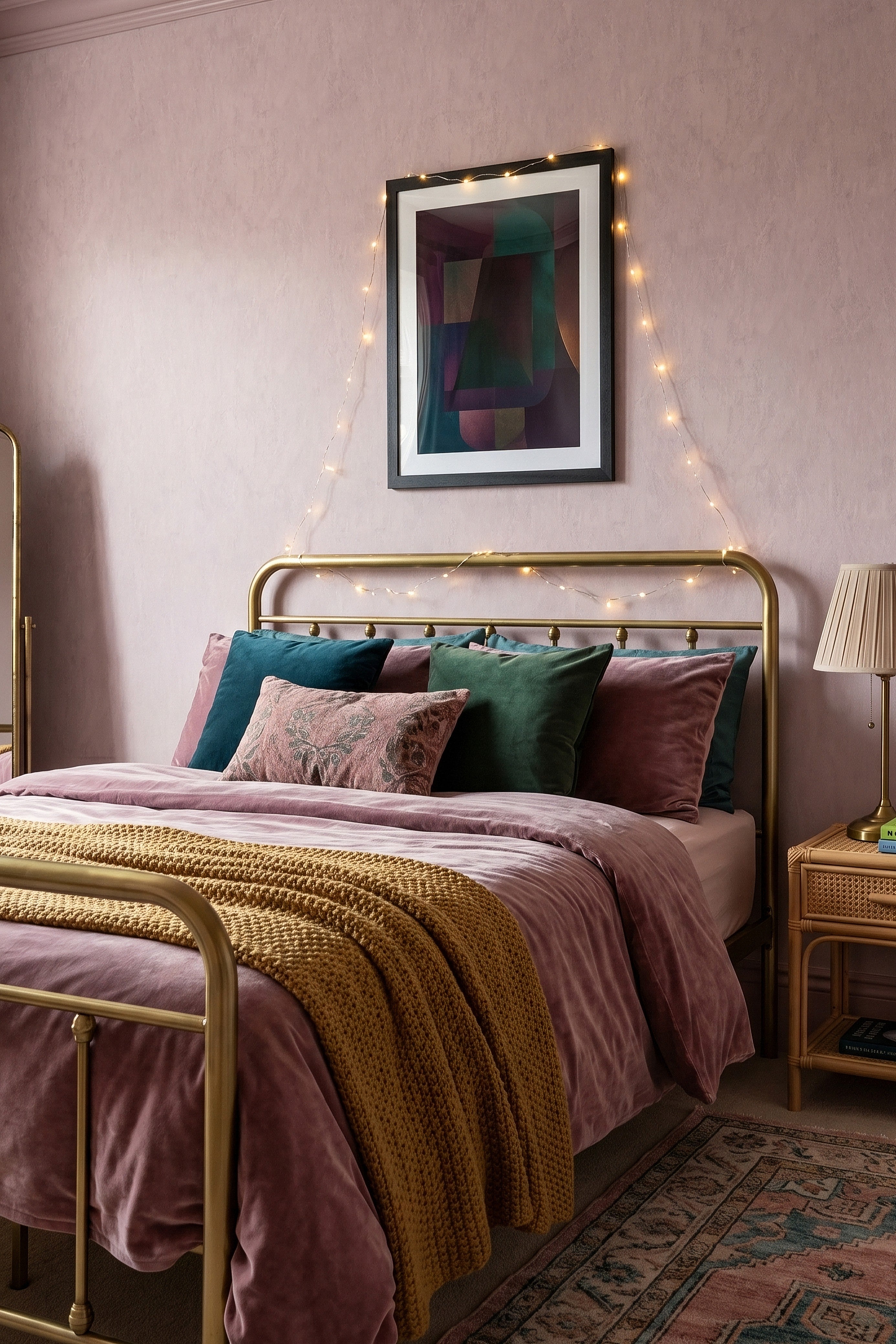 Blush Fresco wallpaper shown in a bedroom