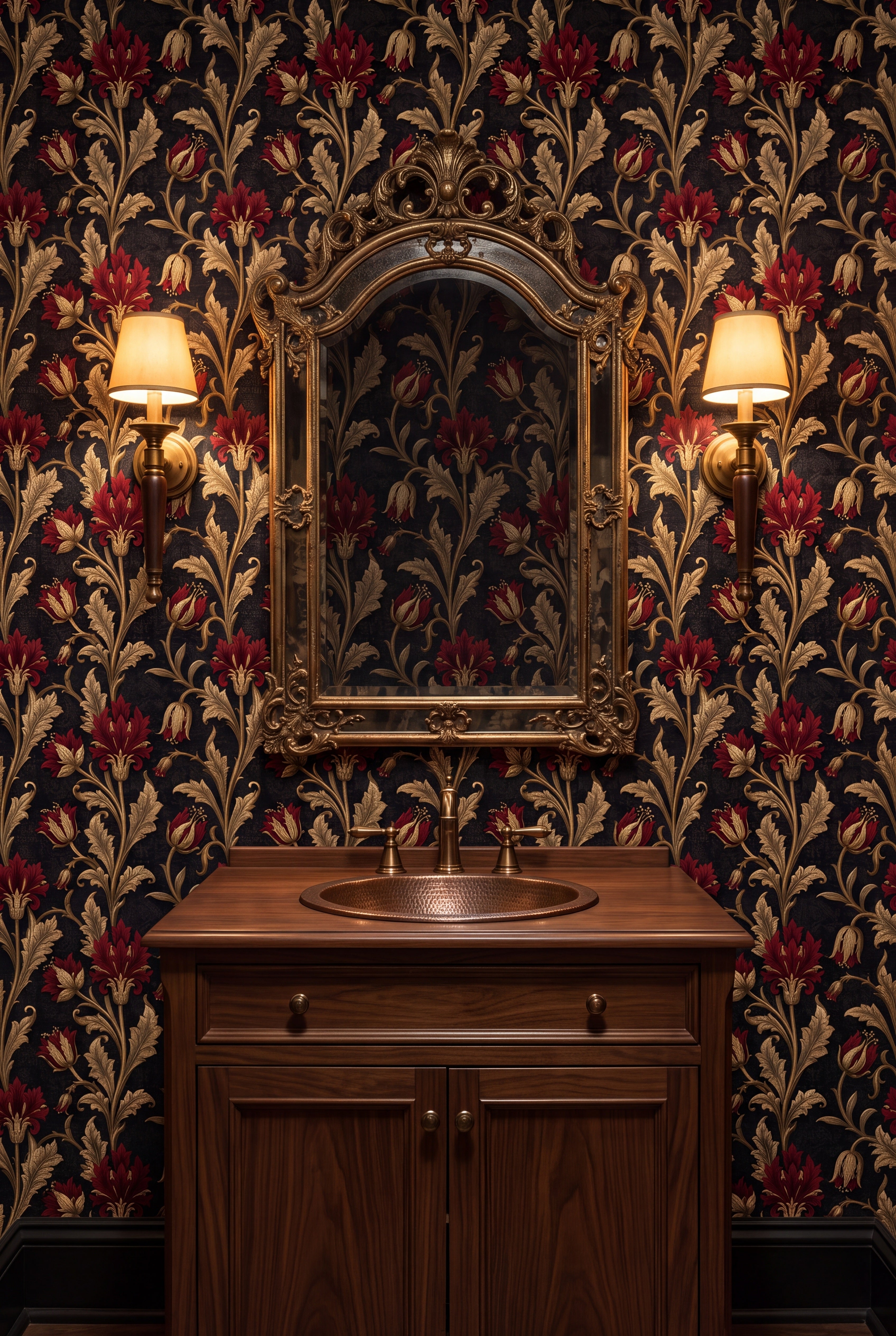 Gilded Thistle wallpaper shown in a powder room