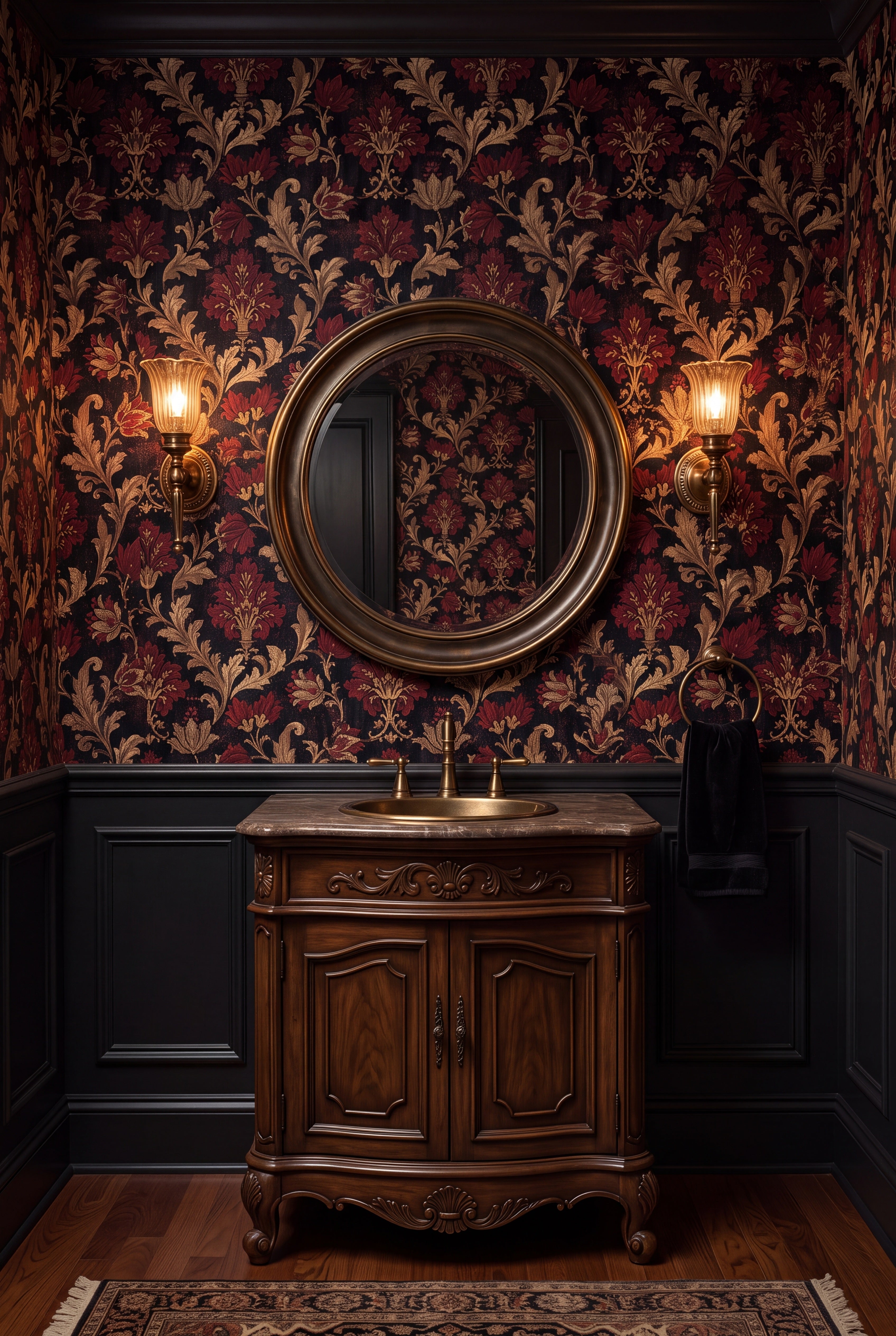 Crimson Reliquary wallpaper shown in a powder room