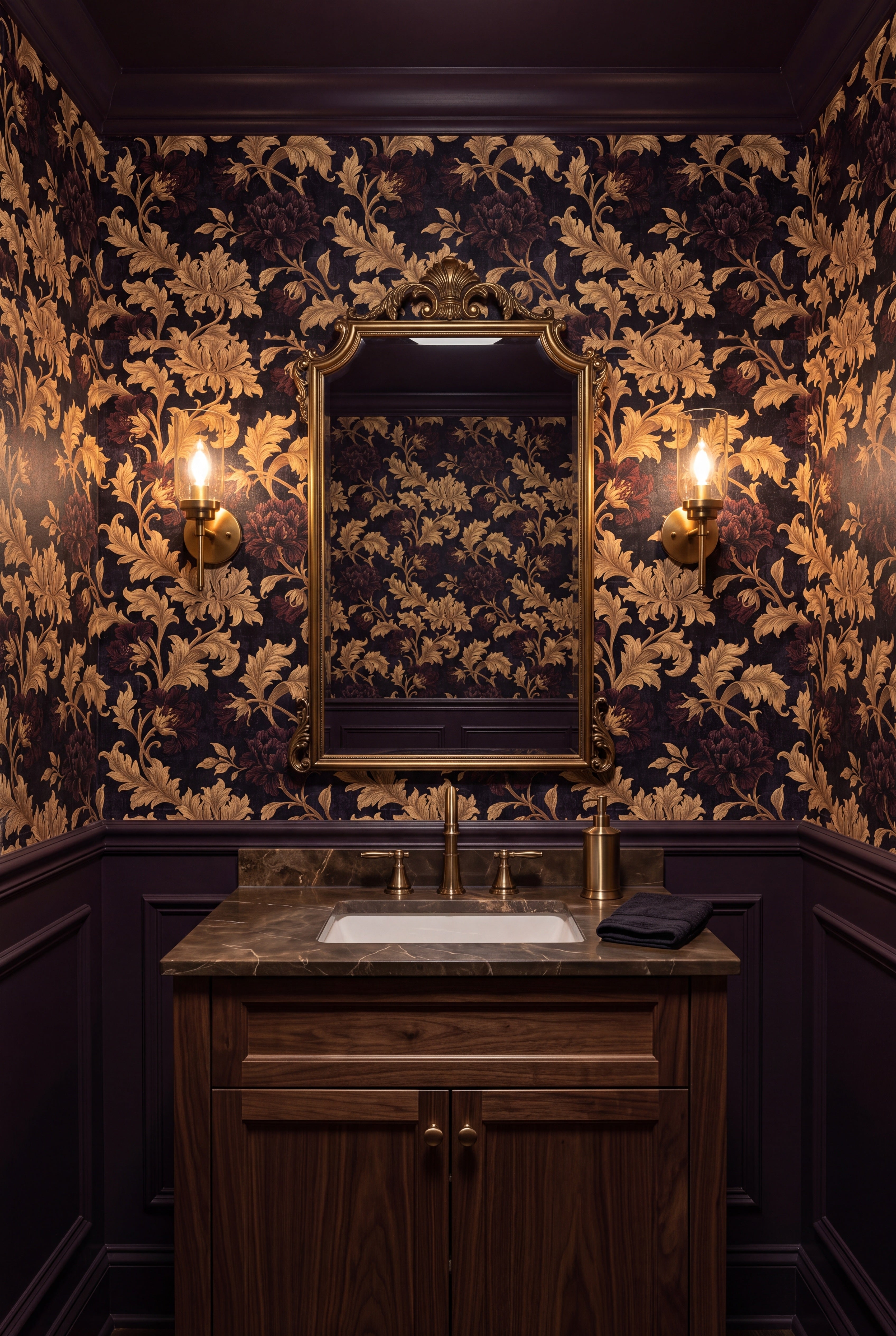 Regency Gilt wallpaper shown in a powder room