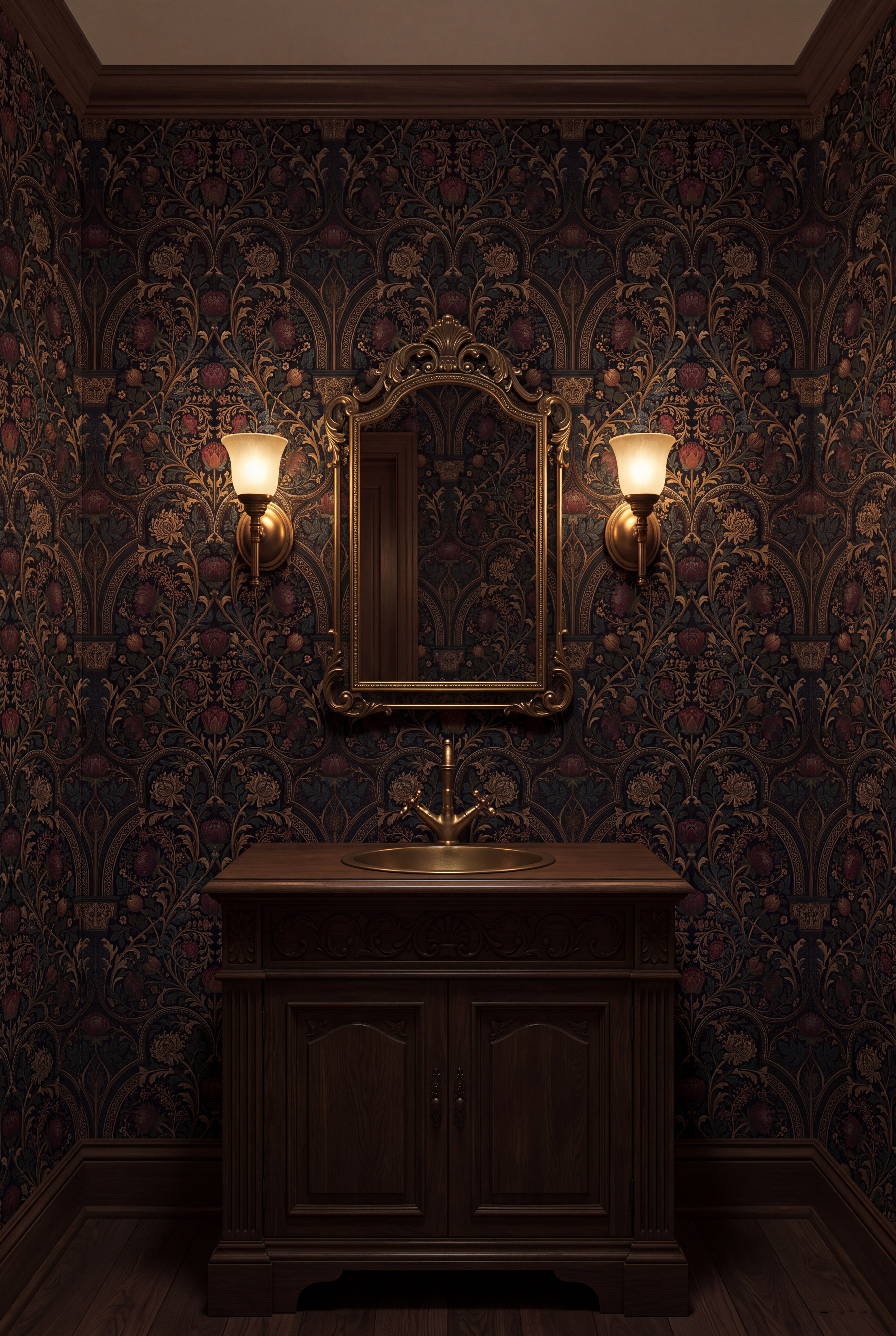 Cloister Vault wallpaper shown in a powder room