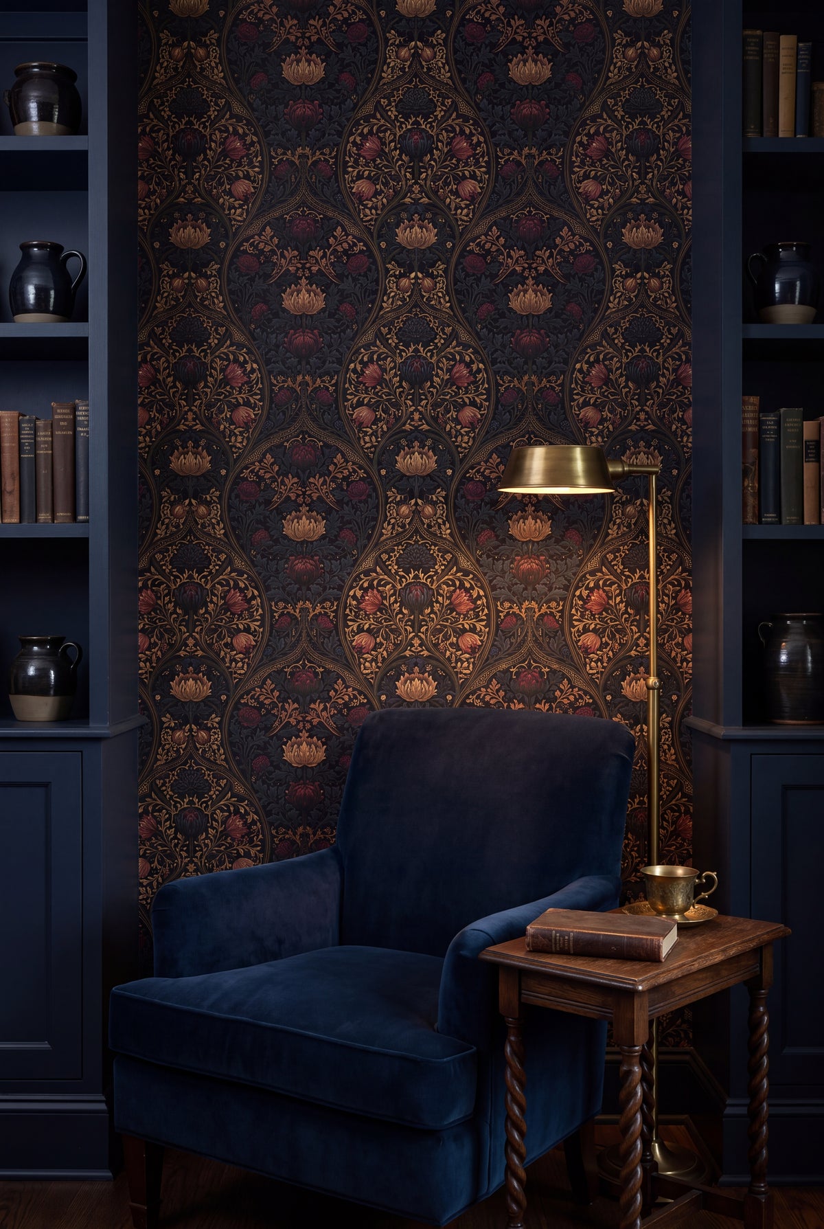 Chalice Damask wallpaper shown in a reading nook
