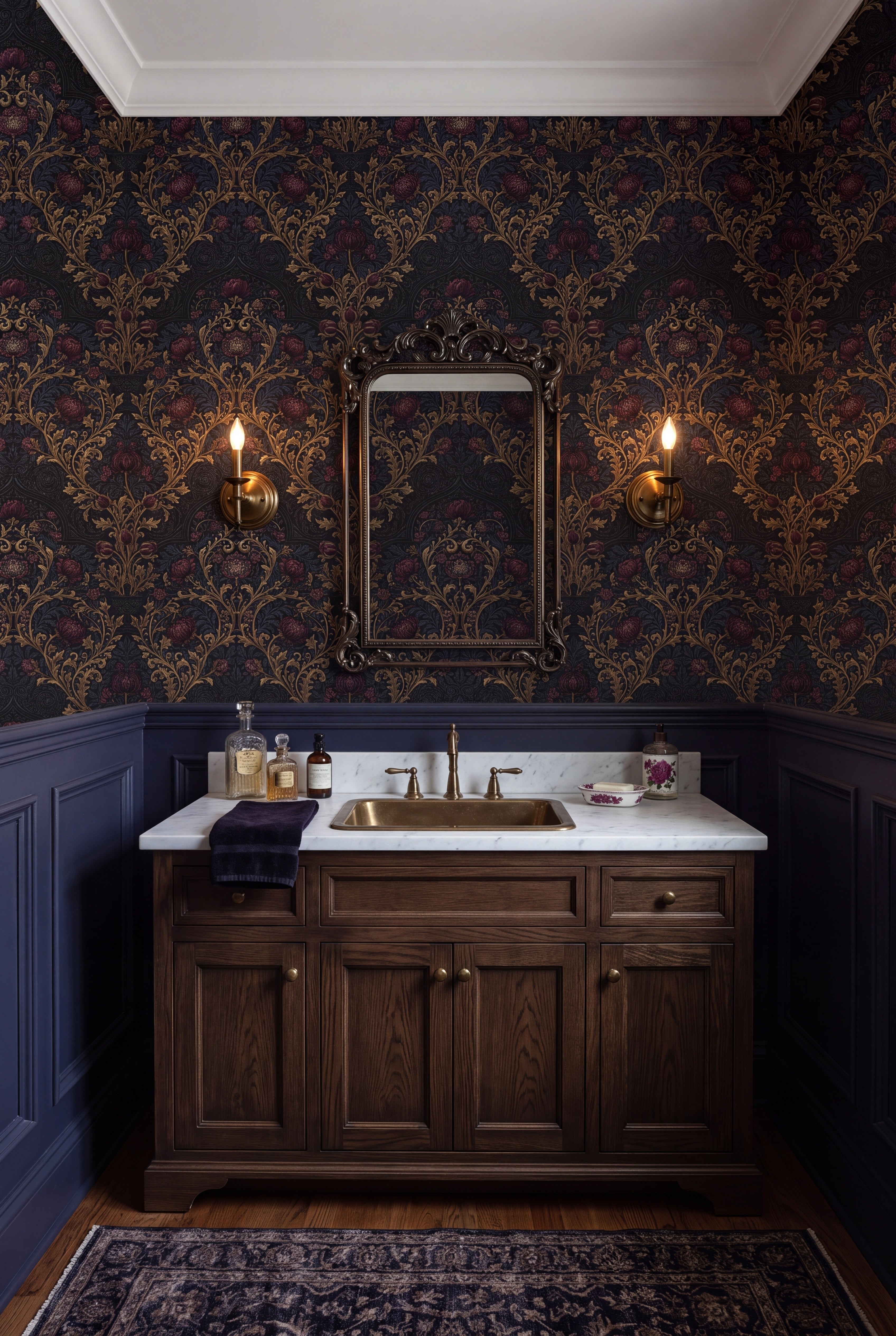 Abbey Gilt wallpaper shown in a powder room