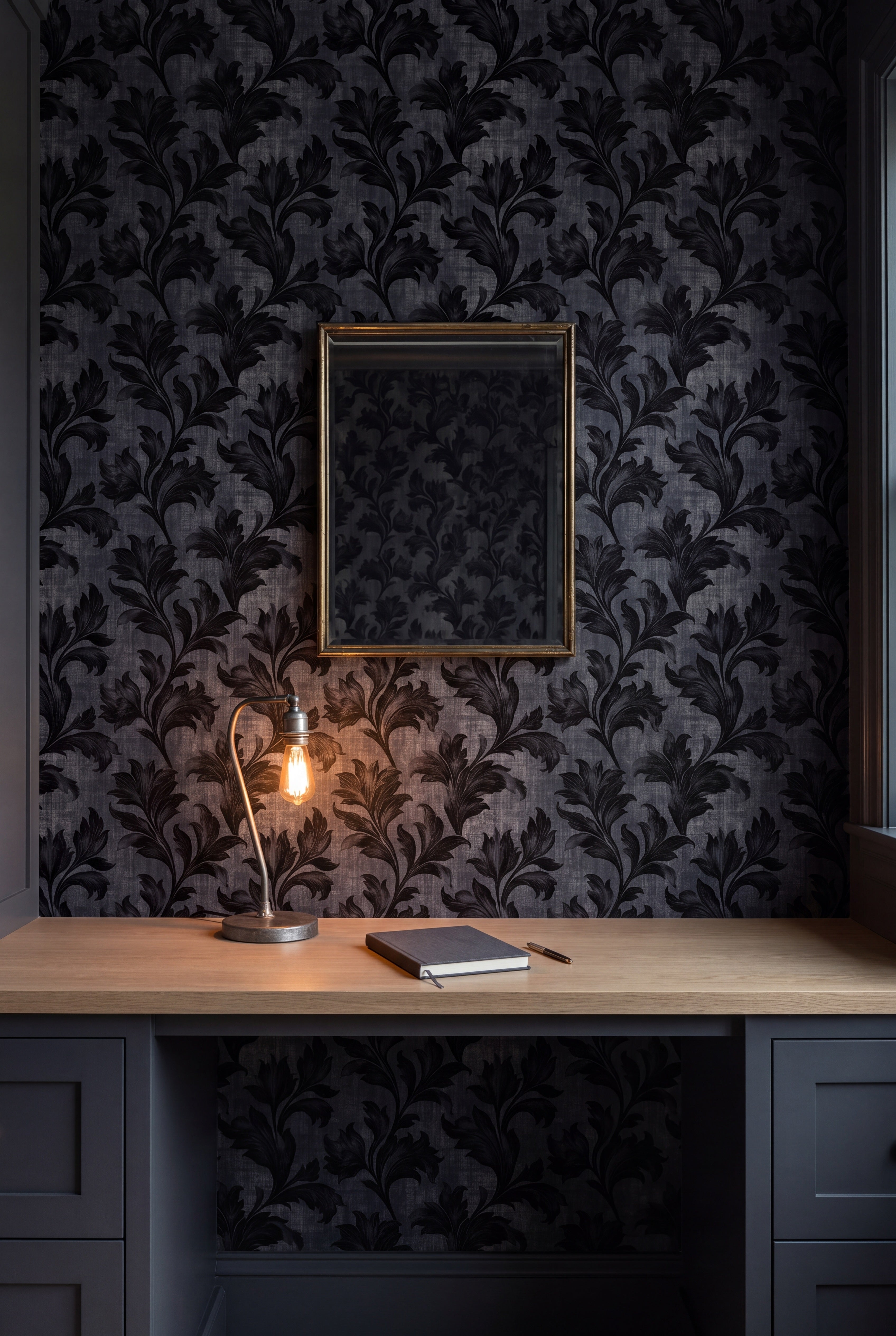 Nightfall Acanthus wallpaper shown in a home office