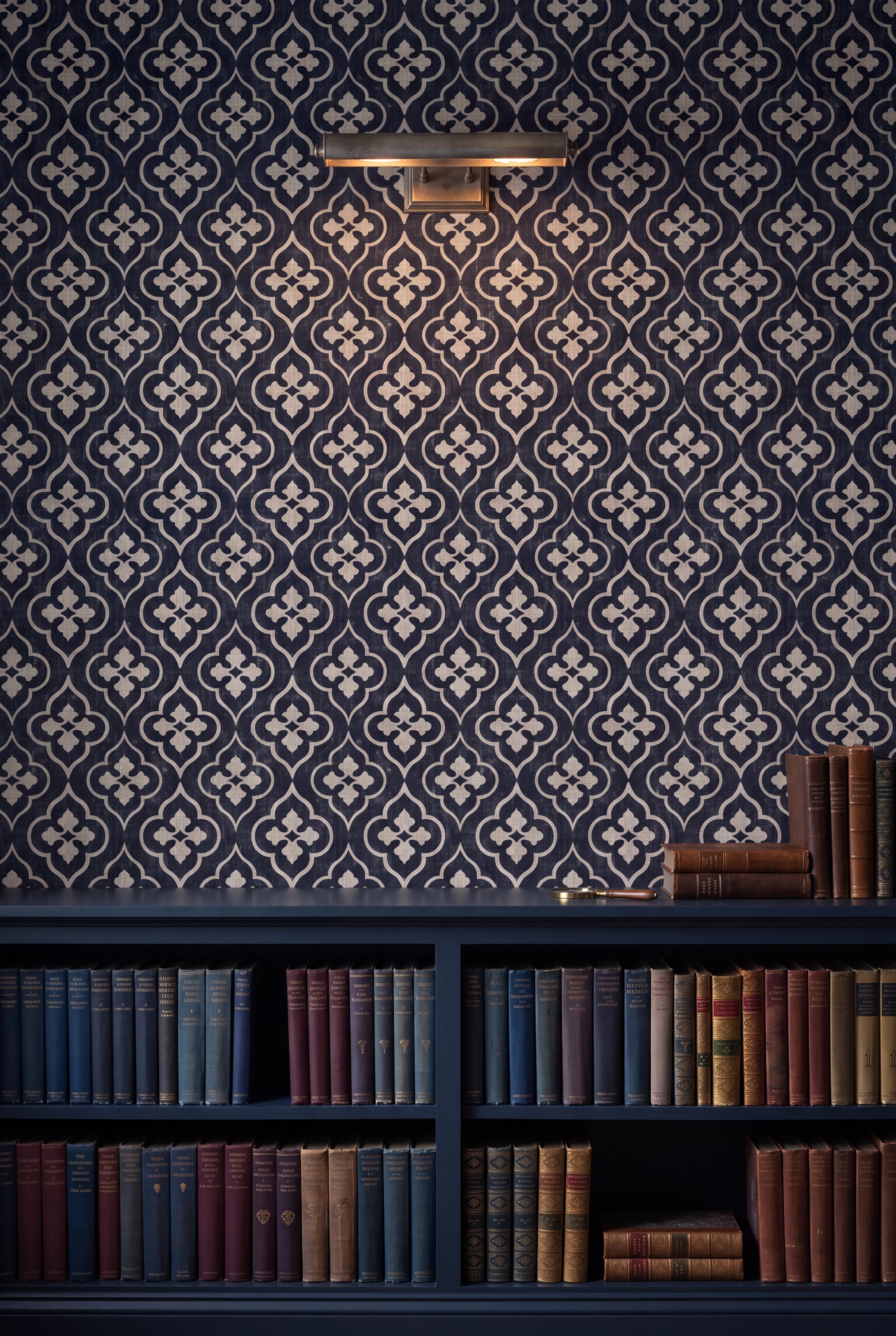 Linen Quatrefoil wallpaper shown in a library