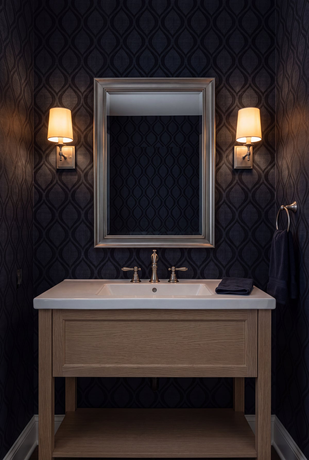 Midnight Ogee wallpaper shown in a powder room