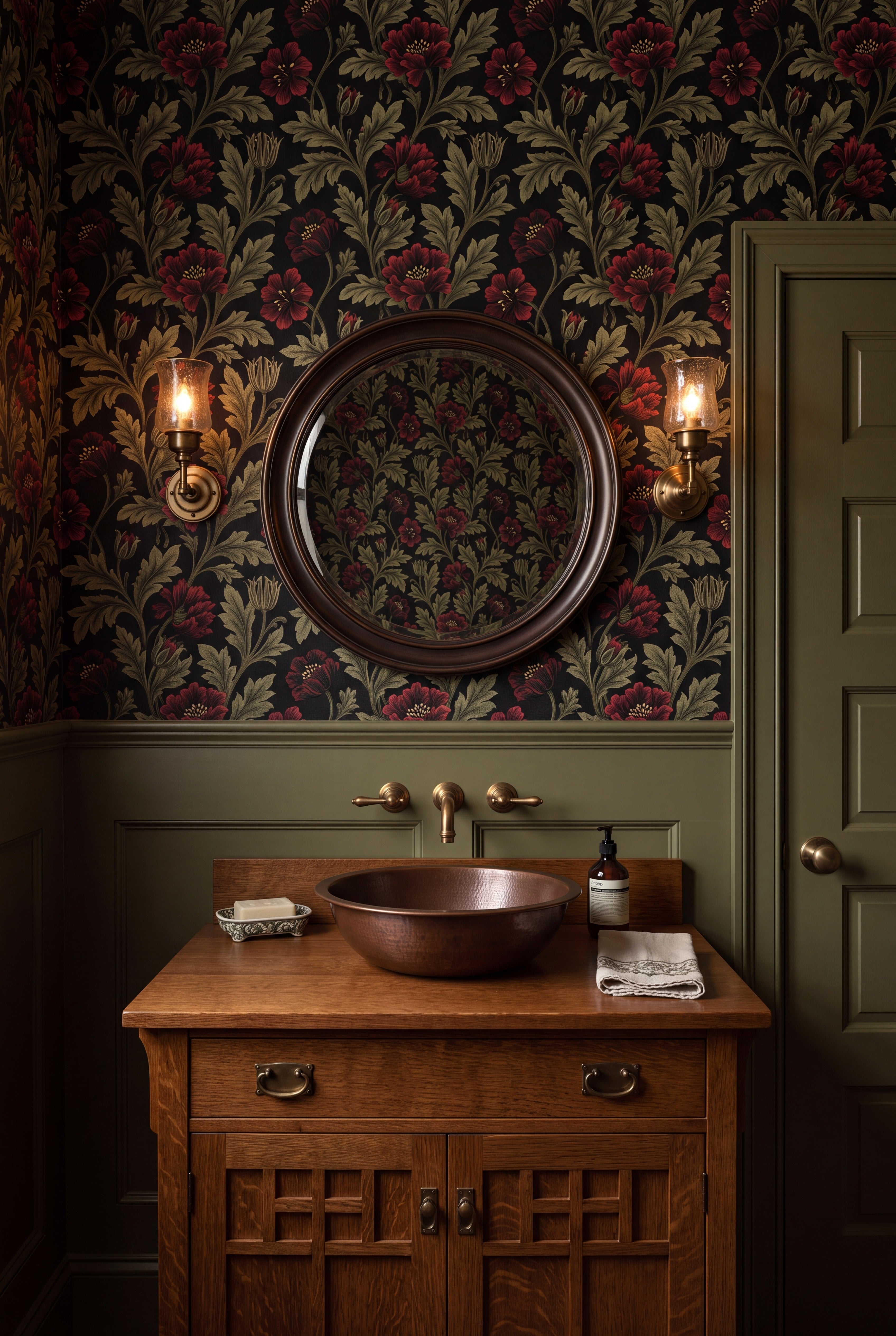 Ember Poppy wallpaper shown in a powder room
