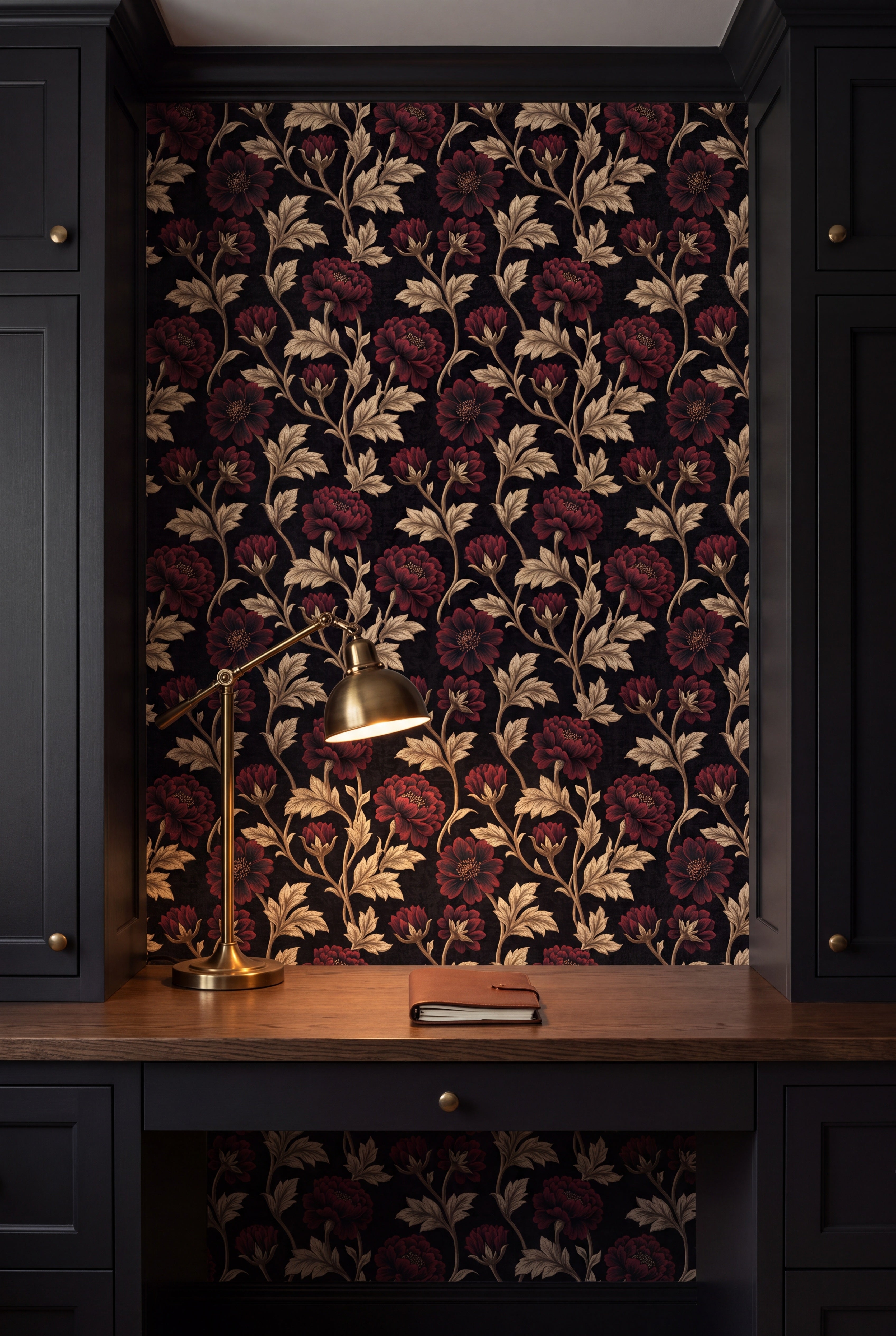 Gilded Peony wallpaper shown in a home office