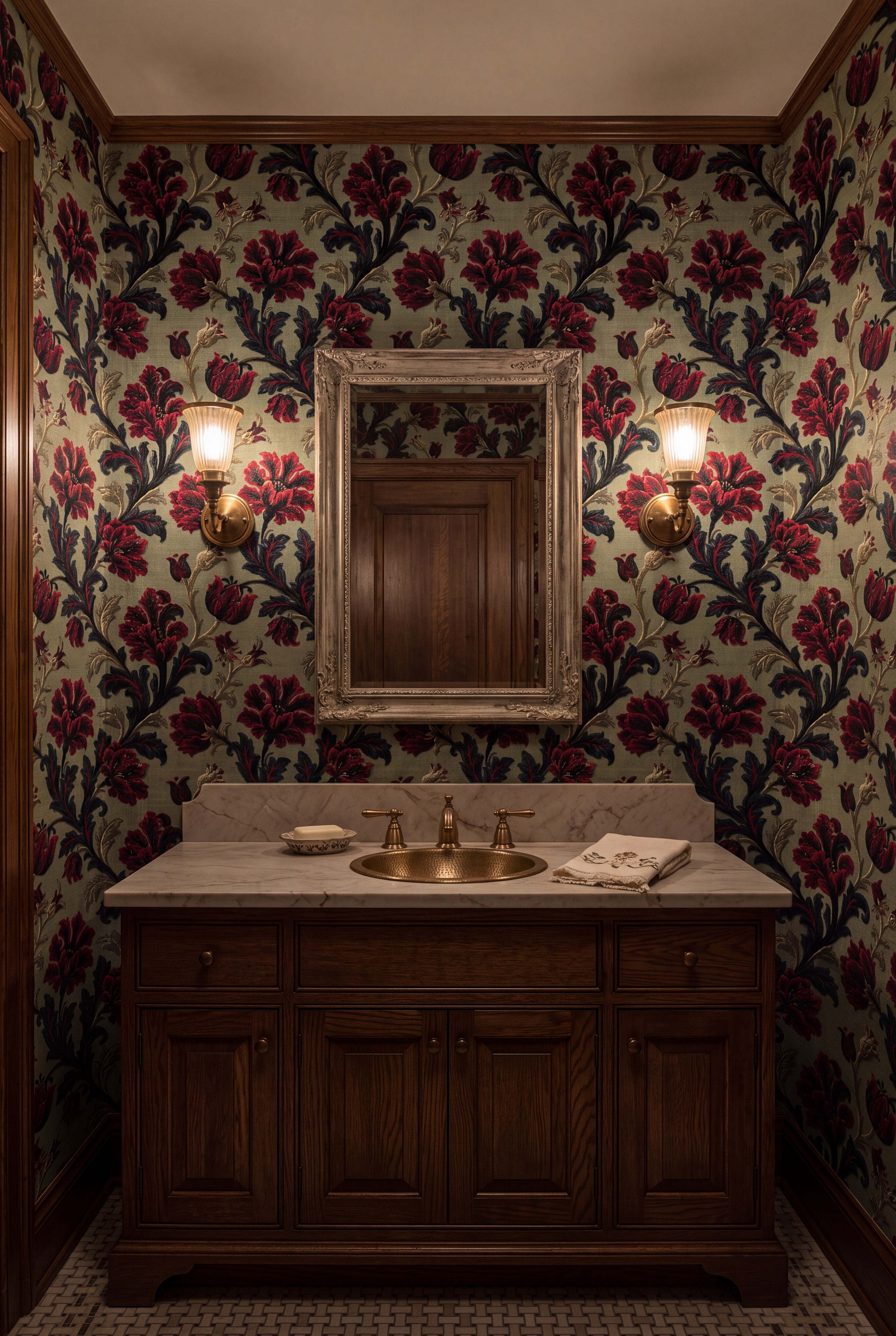 Sage Carnation wallpaper shown in a powder room