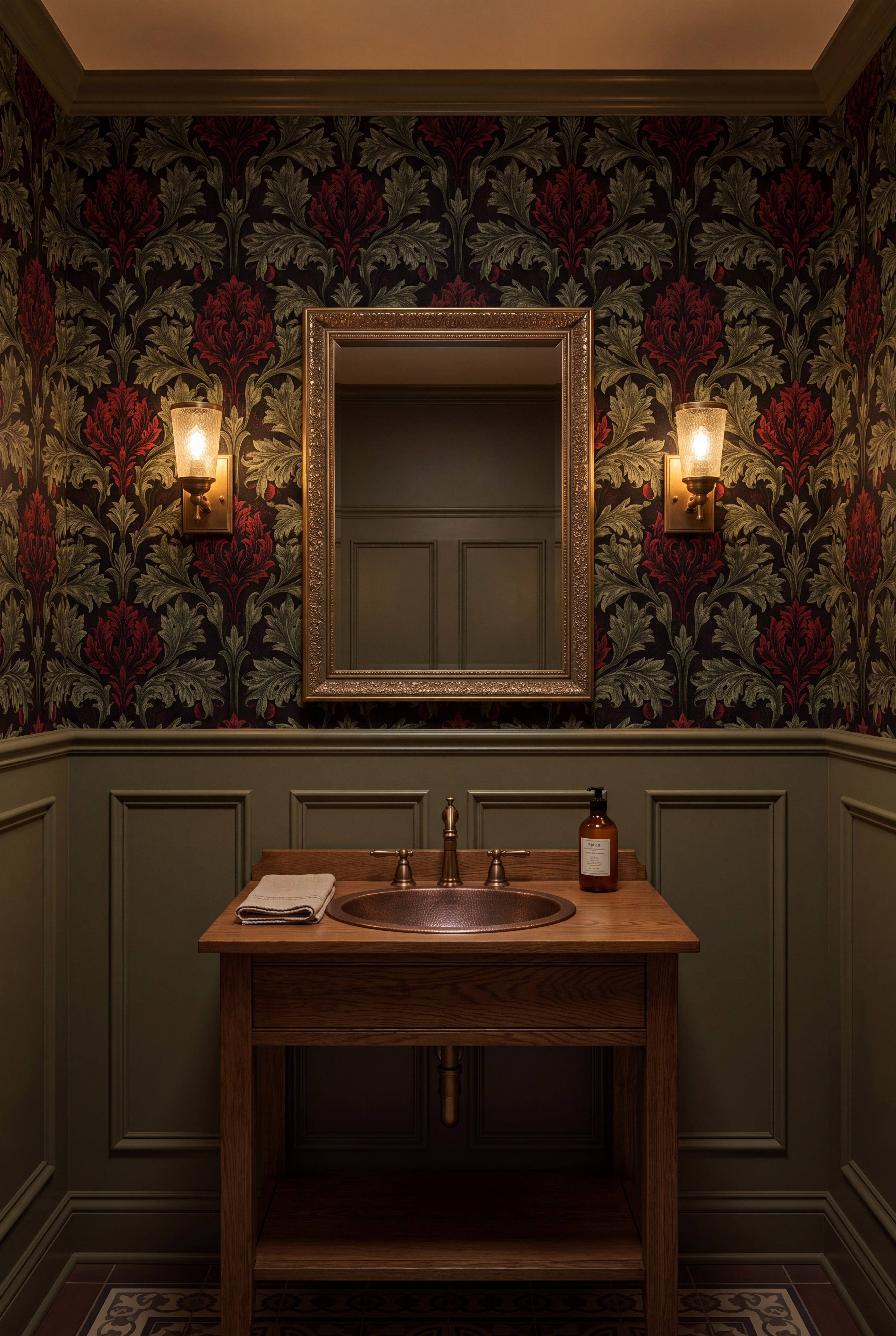 Moss Artichoke wallpaper shown in a powder room