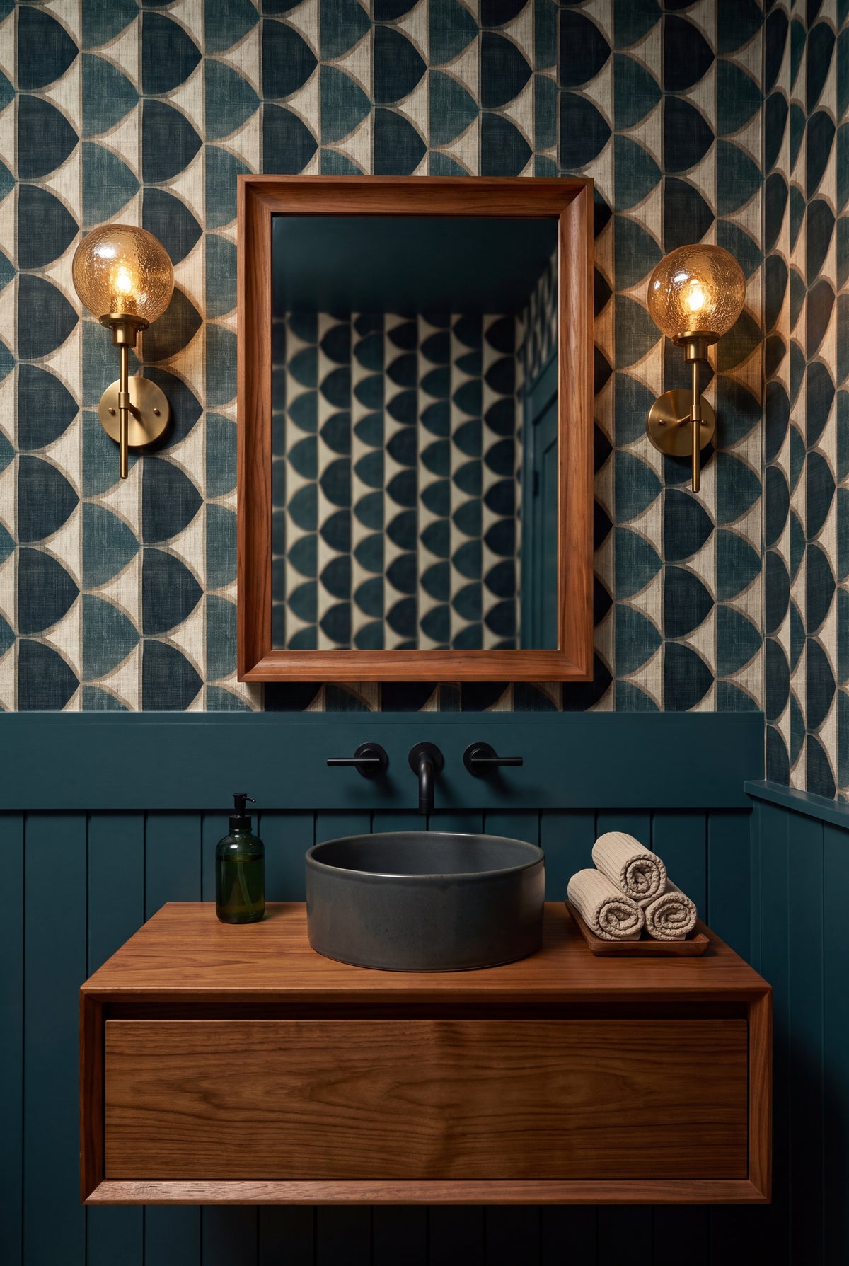 Verdigris Halfmoon wallpaper shown in a powder room
