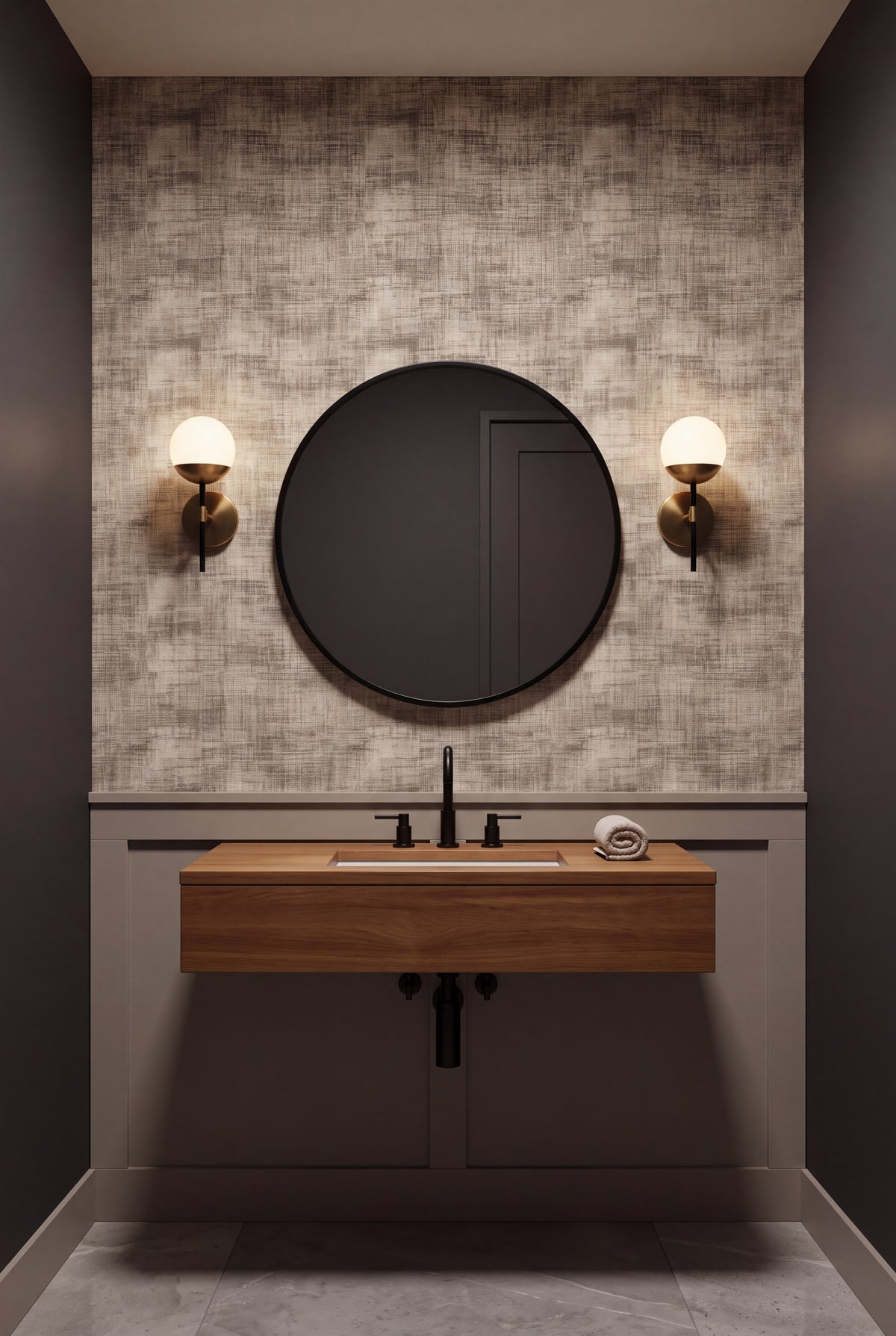Plaster Drift wallpaper shown in a powder room