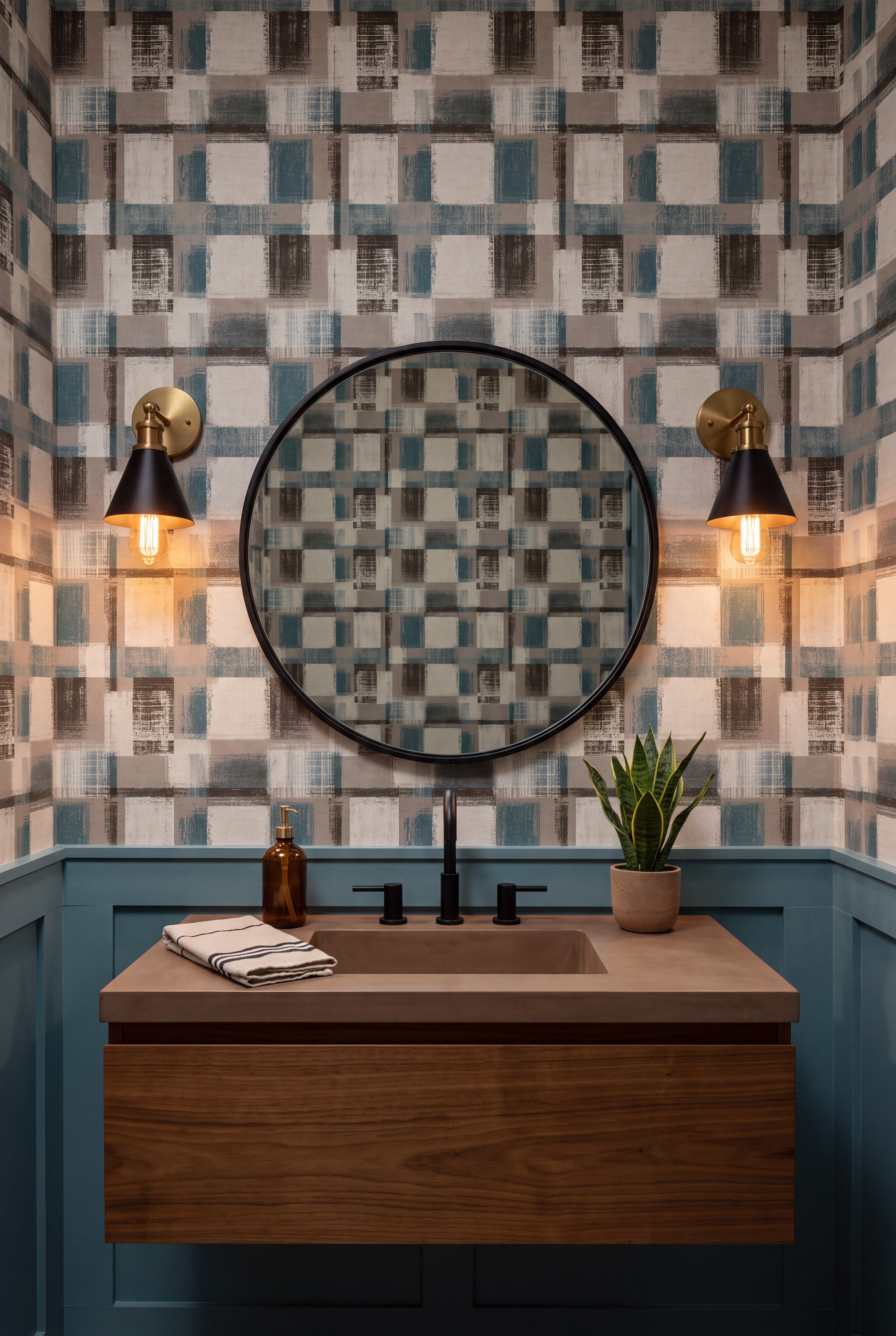 Harbor Check wallpaper shown in a powder room
