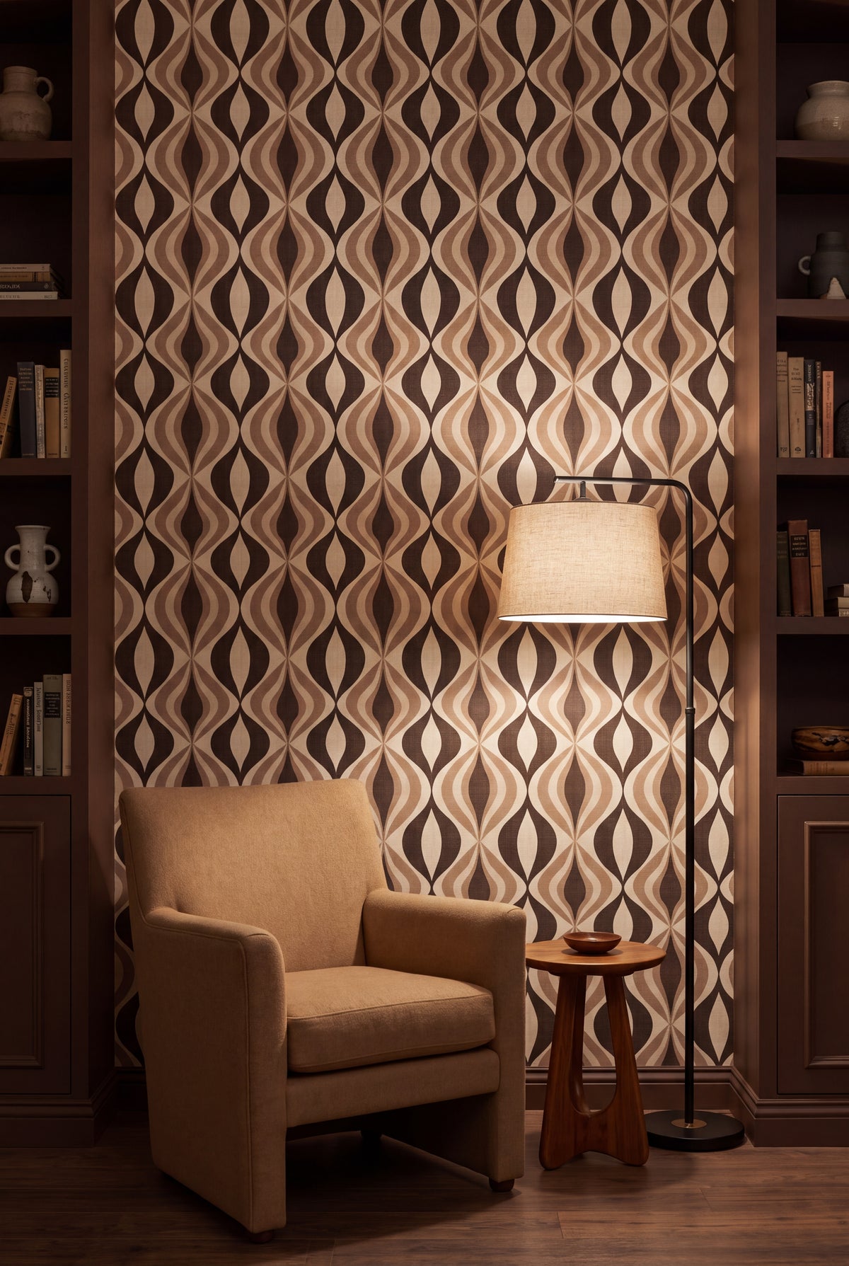 Cocoa Marquise wallpaper shown in a reading nook