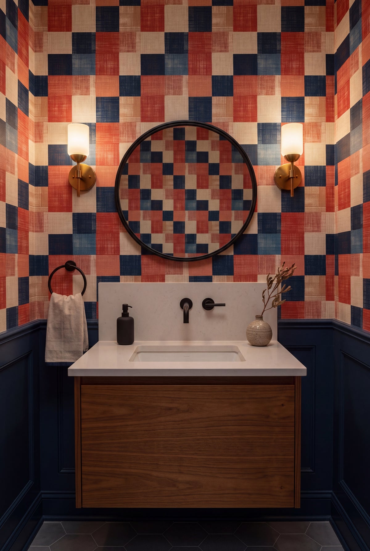 Regatta Patchwork wallpaper shown in a powder room