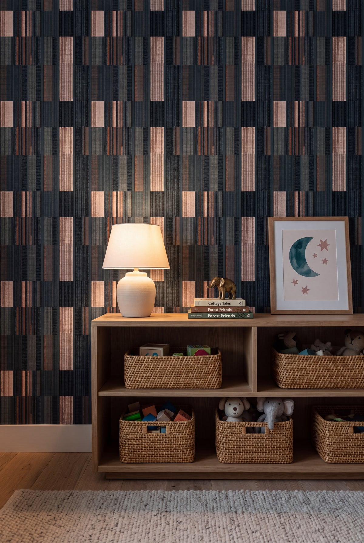 Cinder Ticking wallpaper shown in a kids room