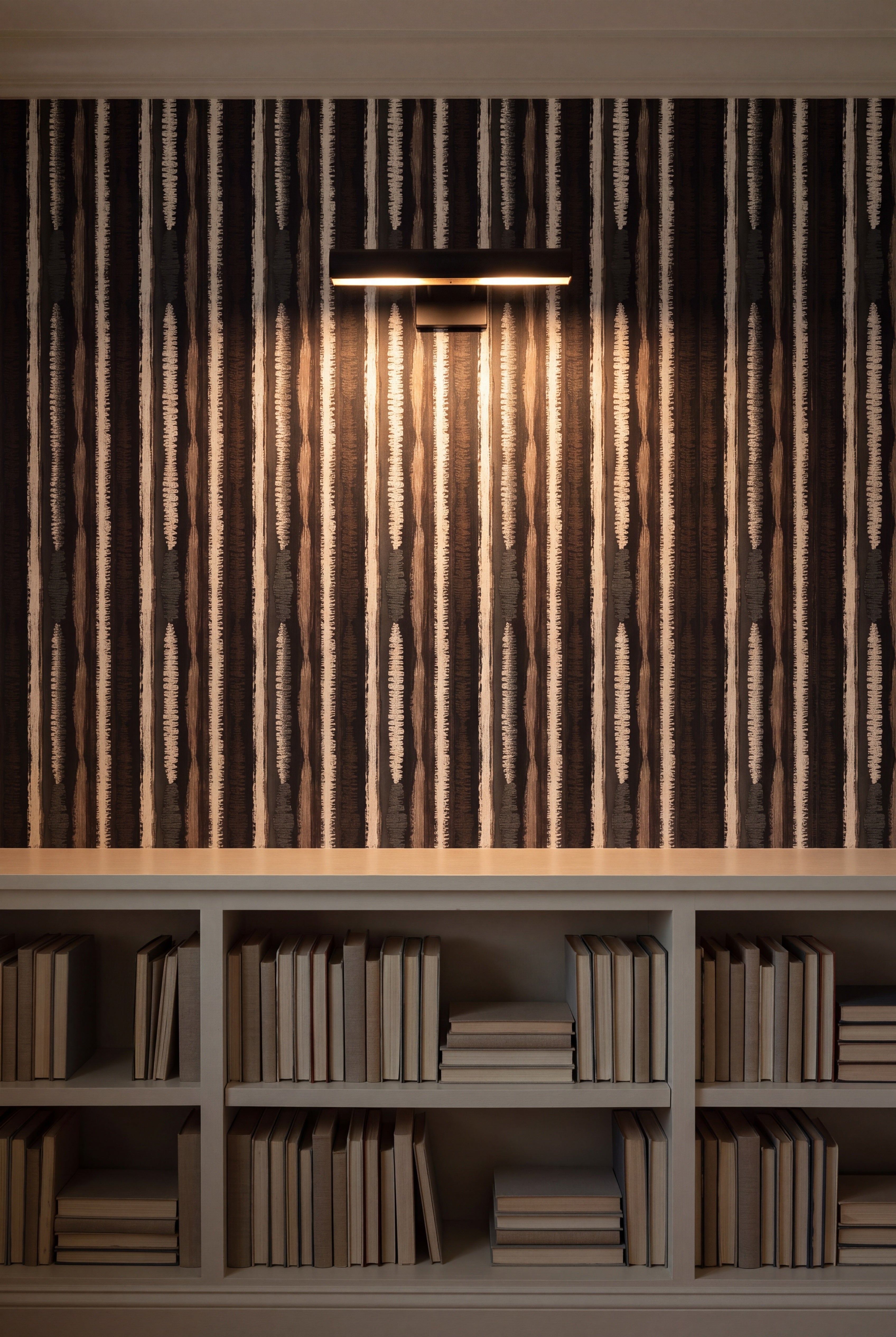 Birchbark Stripe wallpaper shown in a library