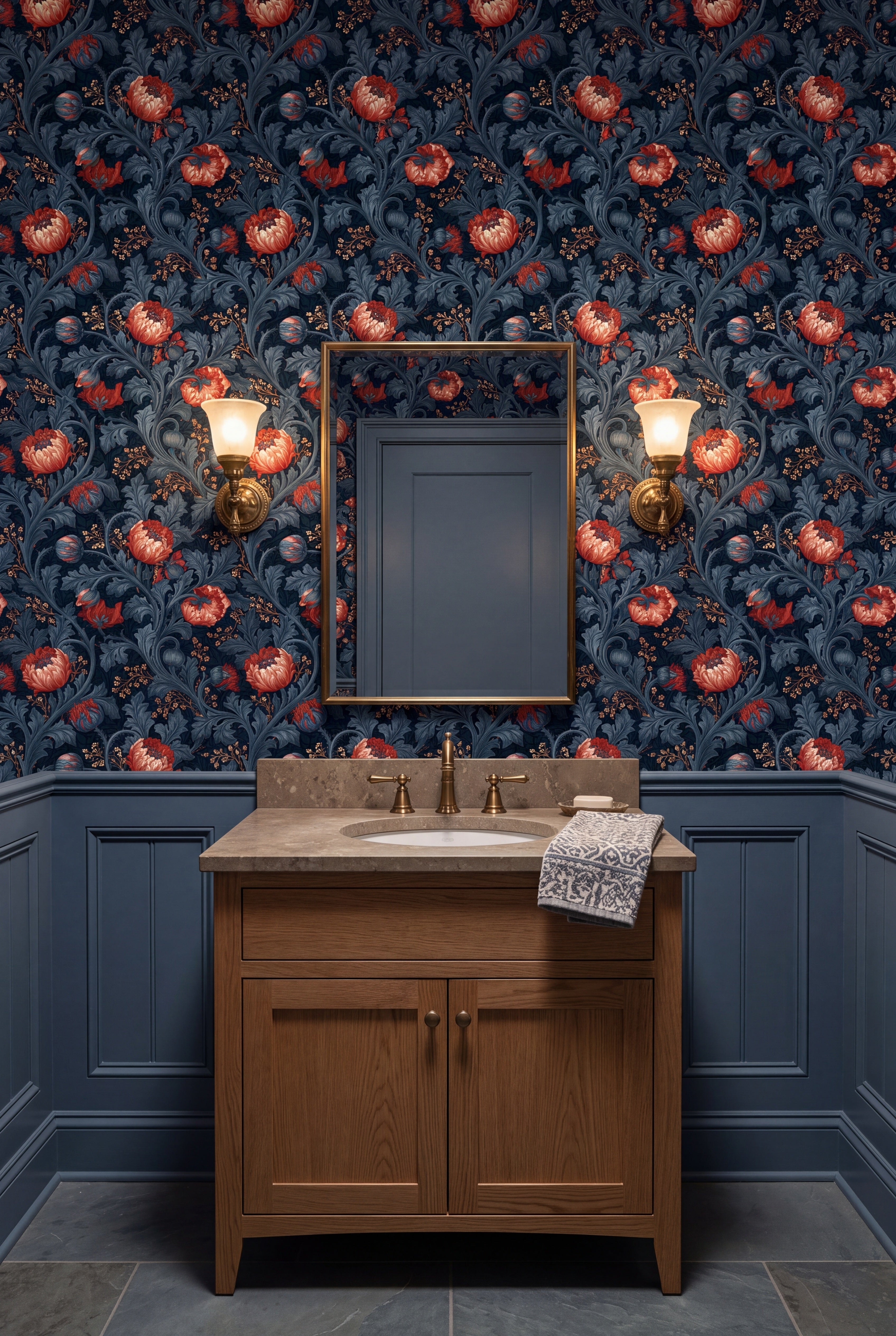 Coral Bower wallpaper shown in a powder room