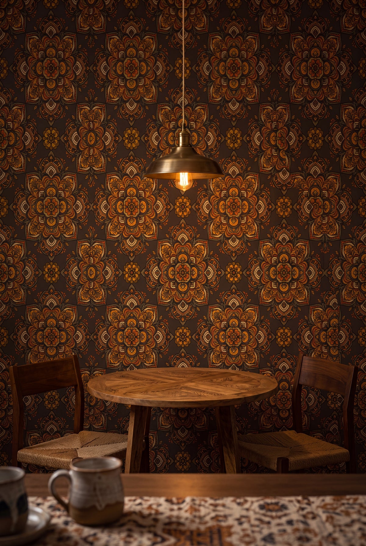 Marrakesh Medallion wallpaper shown in a kitchen breakfast nook