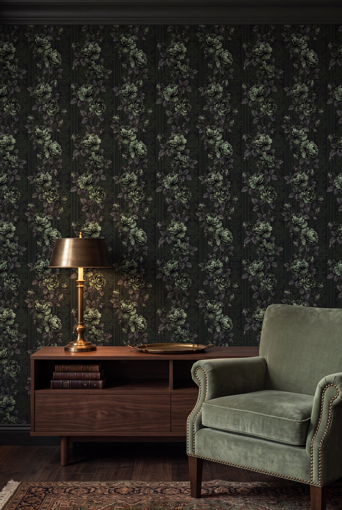 Ivy Nocturne wallpaper shown in a living room