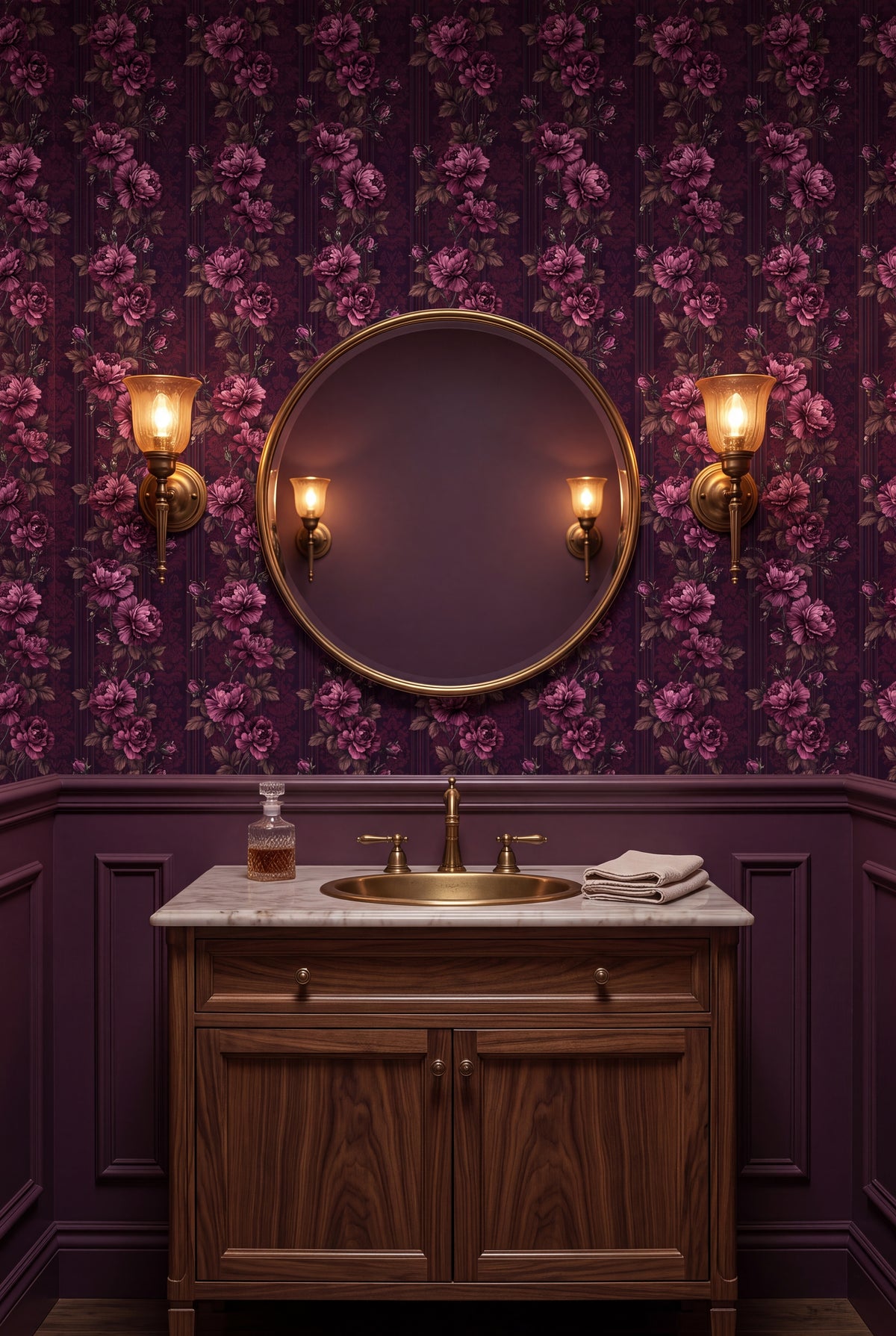 Damson Rose wallpaper shown in a powder room