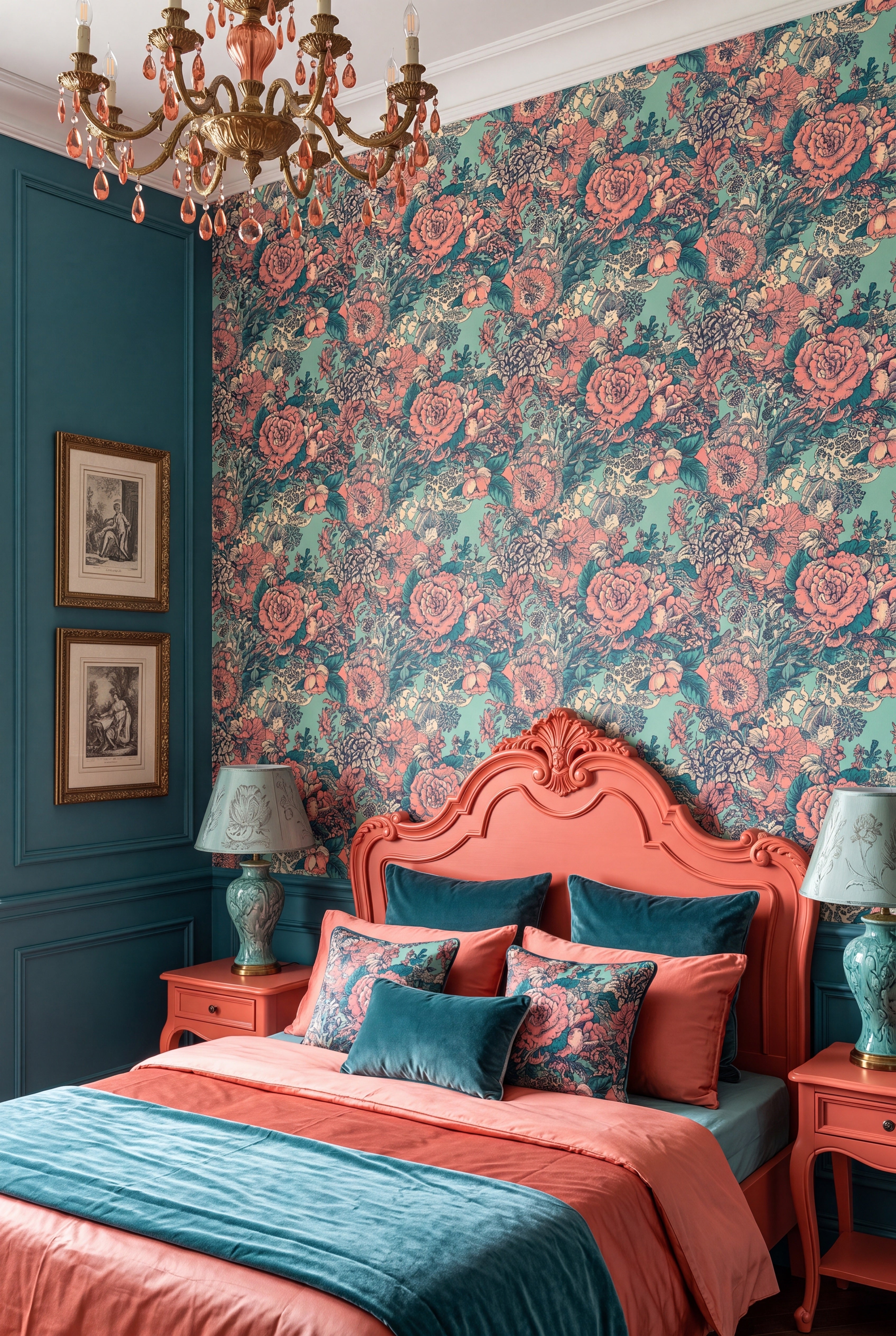 Coral Toile wallpaper shown in a bedroom