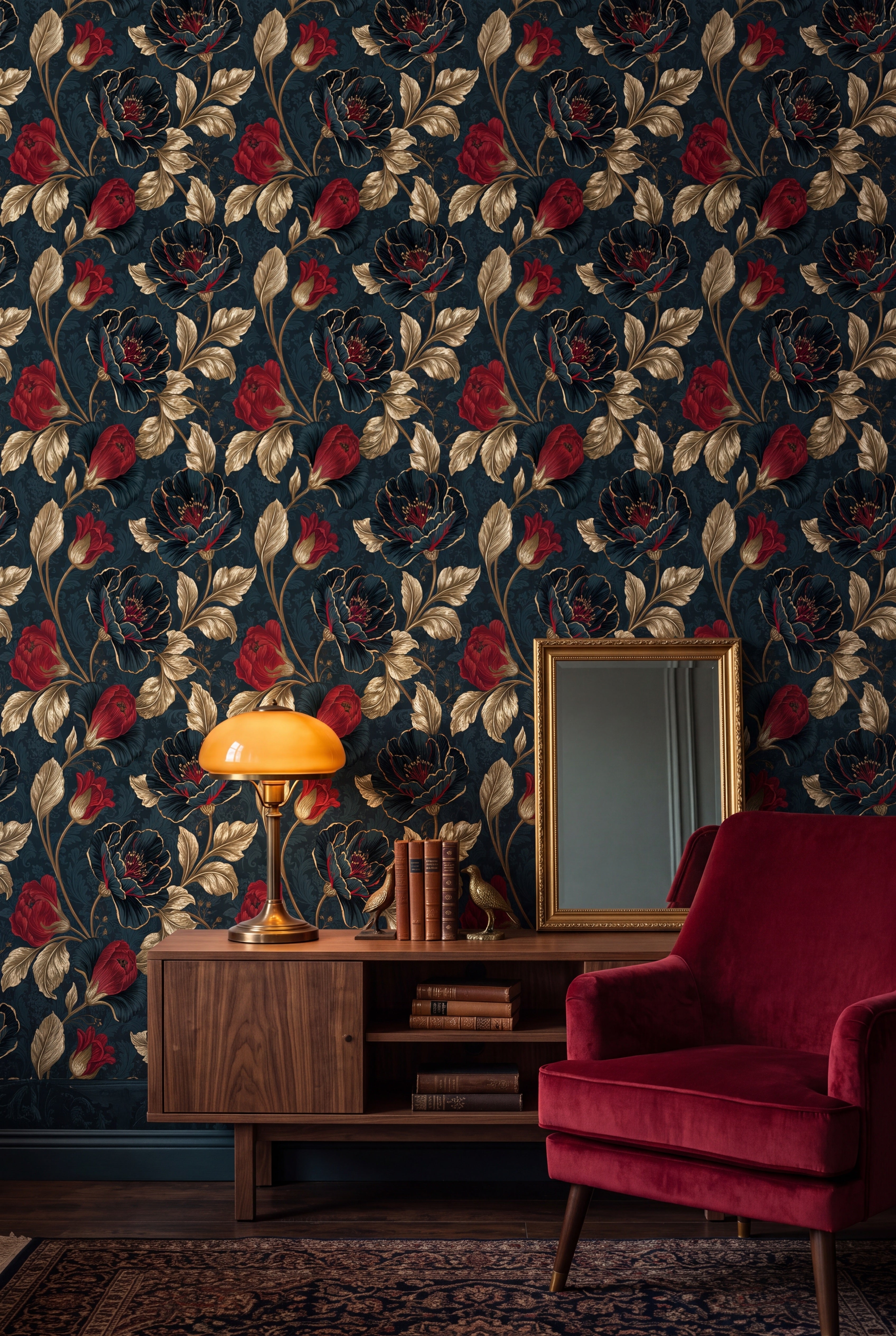 Gilded Poppy wallpaper shown in a living room