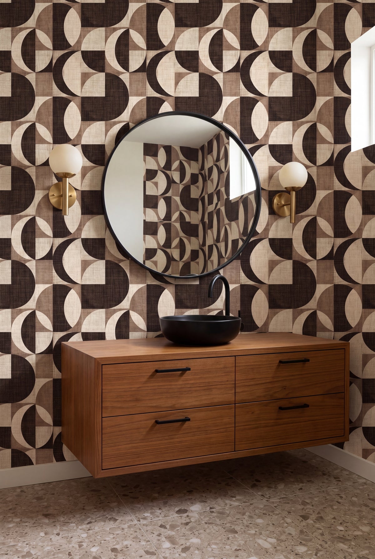Cocoa Eclipse wallpaper shown in a powder room