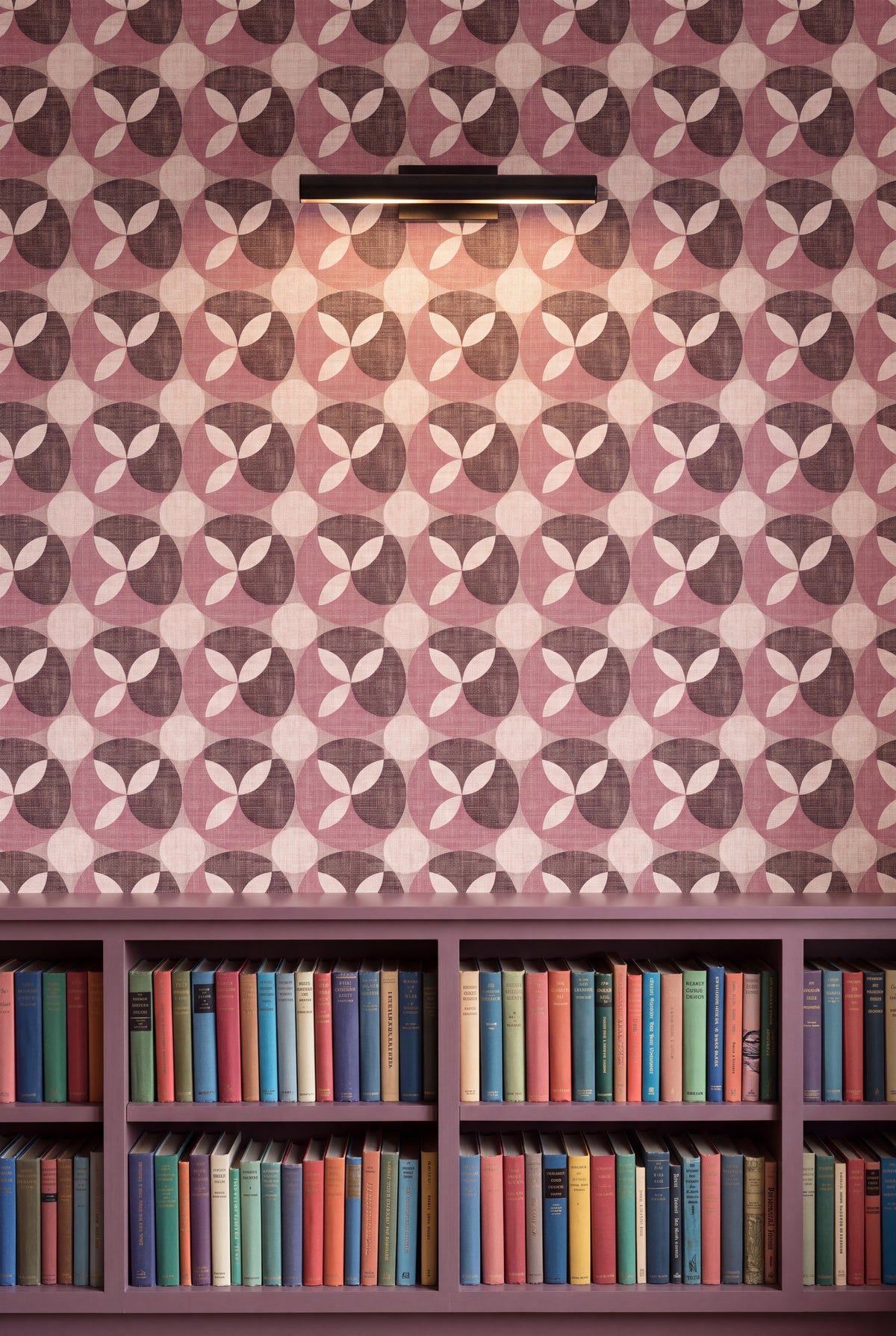 Rosewood Petal wallpaper shown in a library