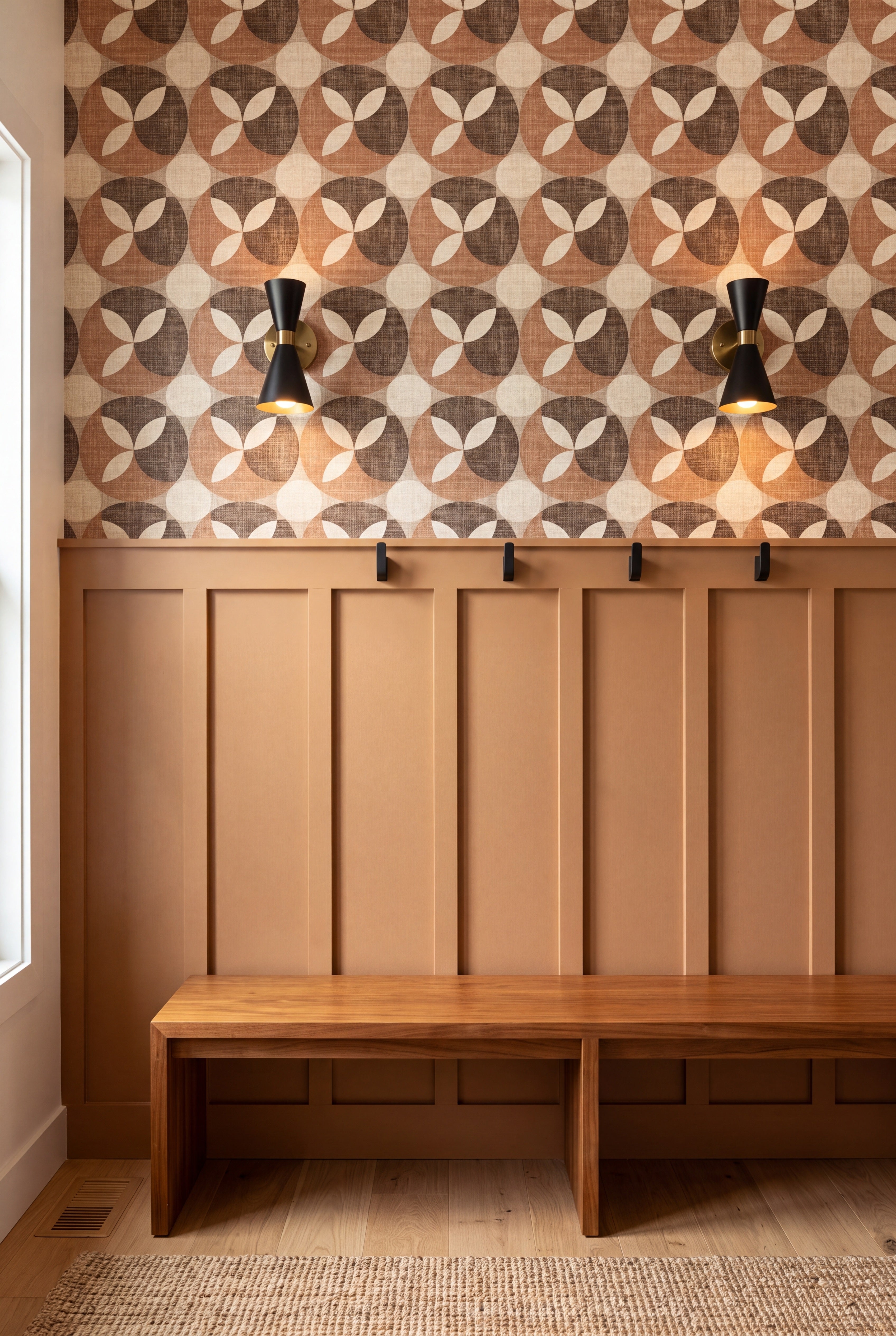 Caramel Petal wallpaper shown in a mudroom